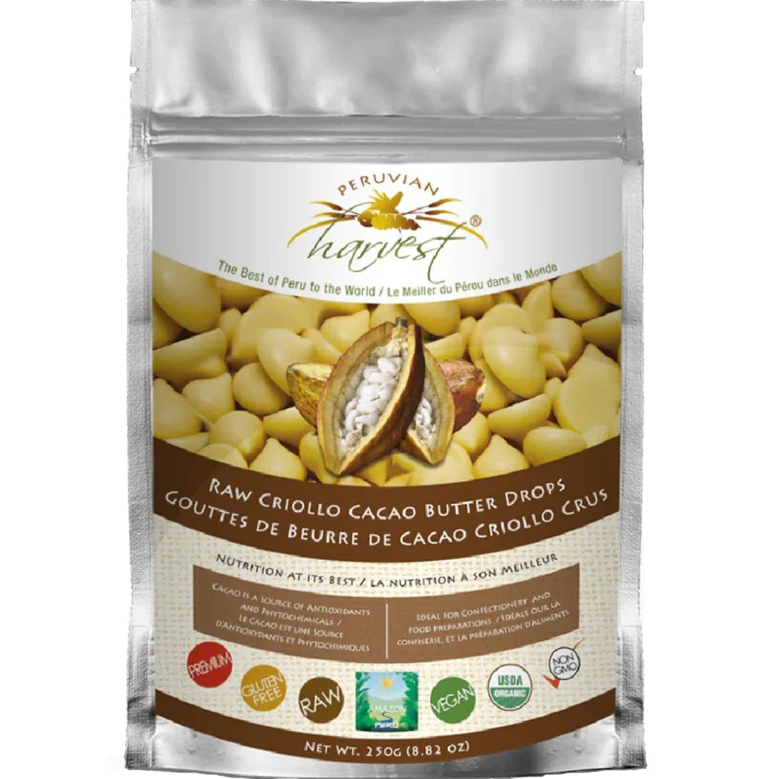 Uhtco Peruvian Harvest Raw Organic Criollo Cacao Butter Drops, 250g