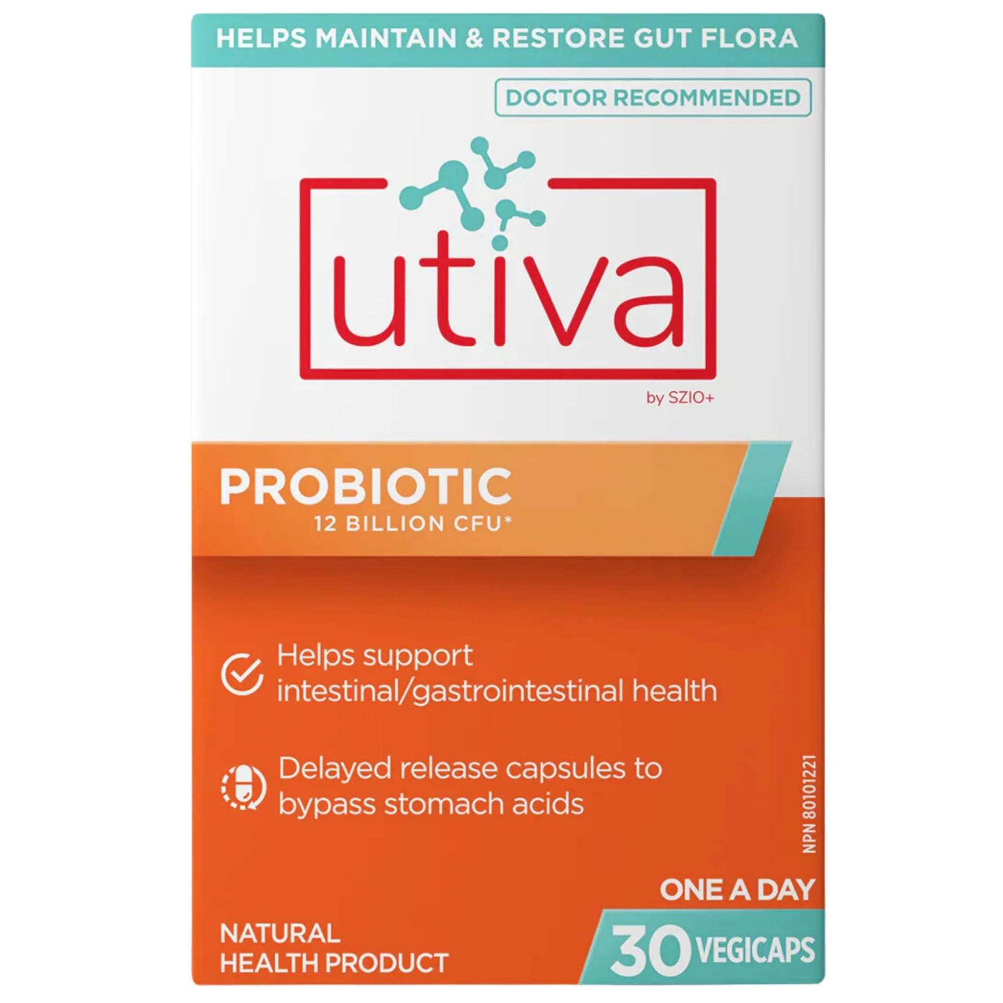 Utiva Probiotic 12 Billion CFU, Shelf Stable, Delayed Release, 30 Vegetable Capsules