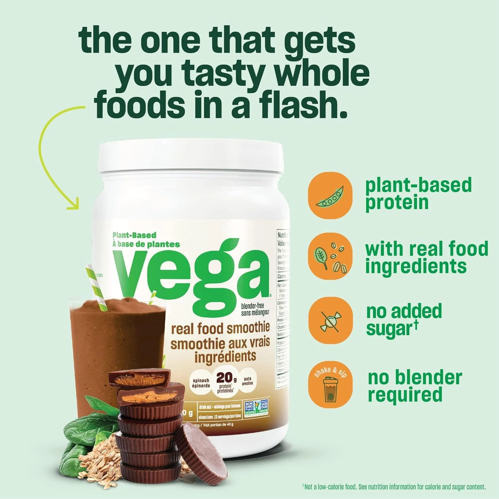 Vega Real Food Smoothie, Plant Based Protein Powder, 518g-530g - Image 7