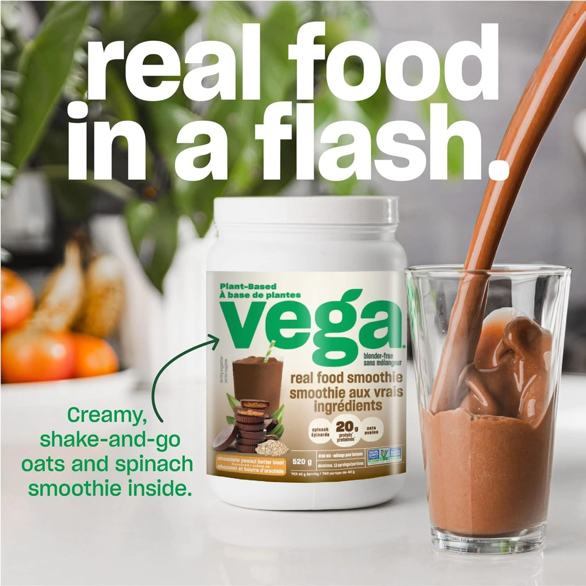 Vega Real Food Smoothie, Plant Based Protein Powder, 518g-530g - Image 8