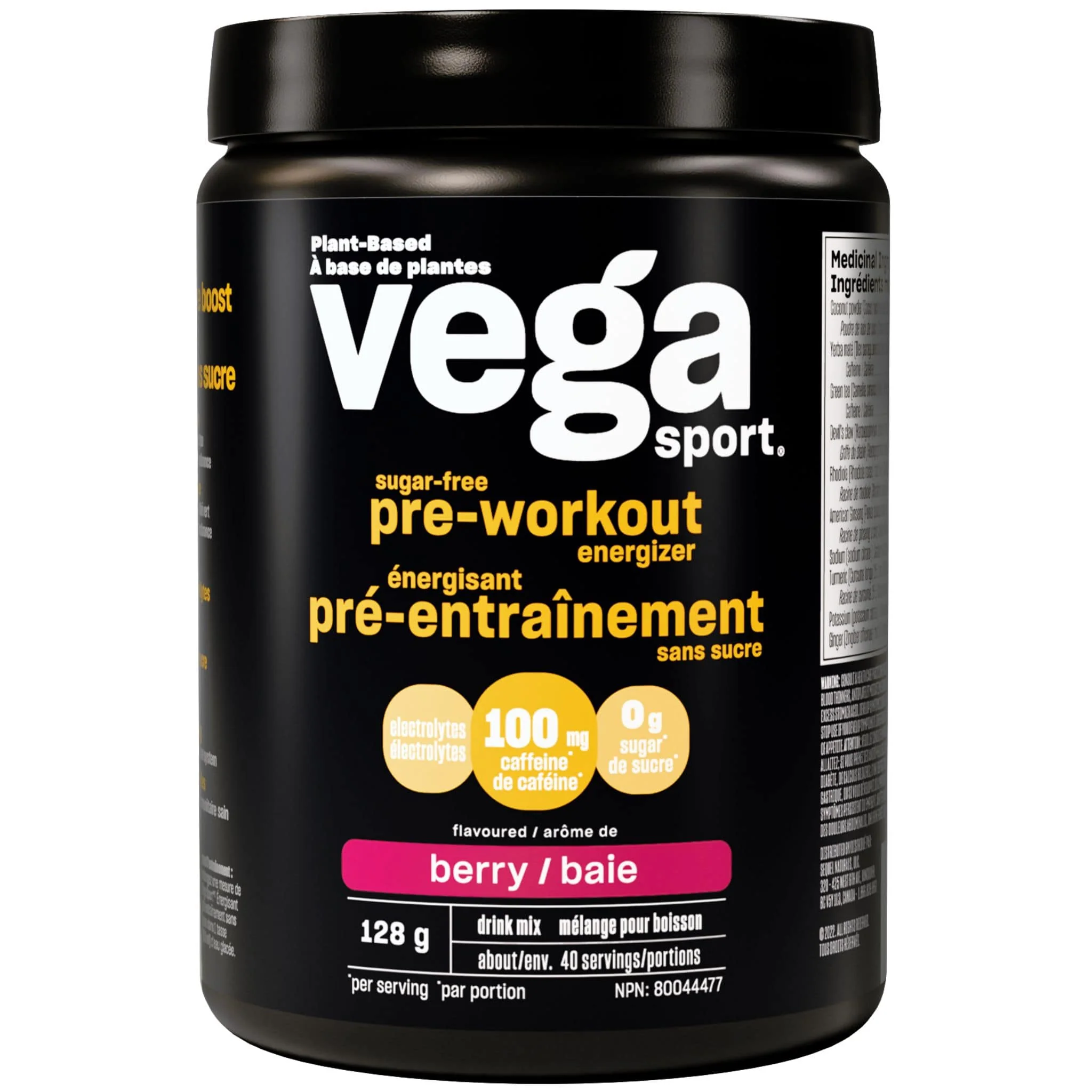 Vega Sport Sugar-Free Pre-Workout Energizer with 100mg Caffeine and Electrolytes, 128g