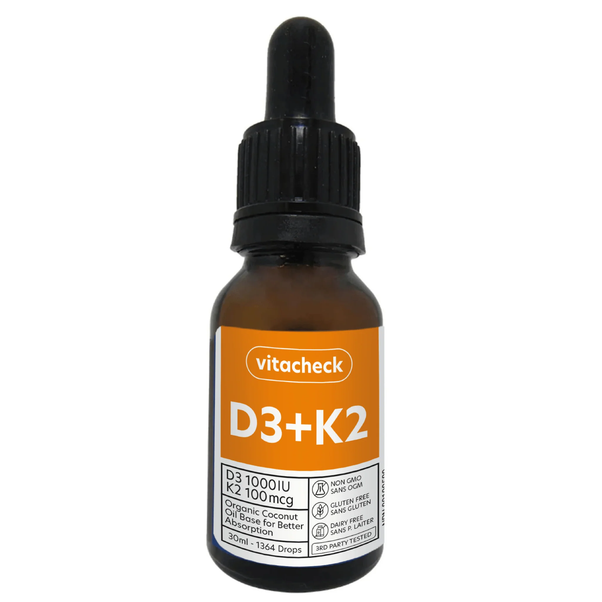 Vitacheck Vitamin D3 + K2 Liquid Drops in Organic MCT Oil, Vitamin D3 1000IU and K2 100IU, 1364 Drops, 30ml