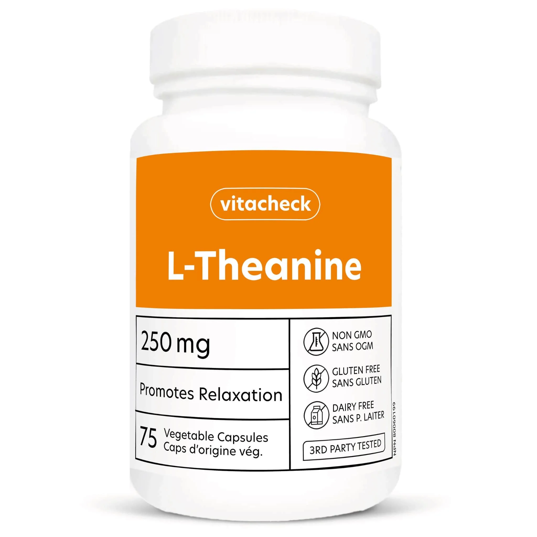 Vitacheck L-Theanine 250mg, Supports Relaxation, Restful Sleep, Non-Drowsy, Enhance Mood, Concentration and Focus, 75 Vegetable Capsules CLEARANCE 30% Off Expiry 3/28 Final Sale