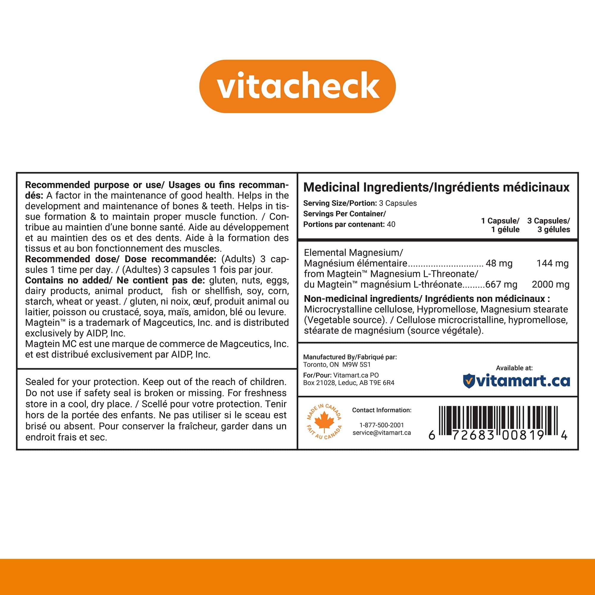 Vitacheck Magnesium Threonate 667mg Magtein, Enhances Cognitive Function, Supports Learning, Memory, Brain Health, 120 Vegetable Capsules CLEARANCE 25% Off Expiry 5/28 Final Sale - Image 9