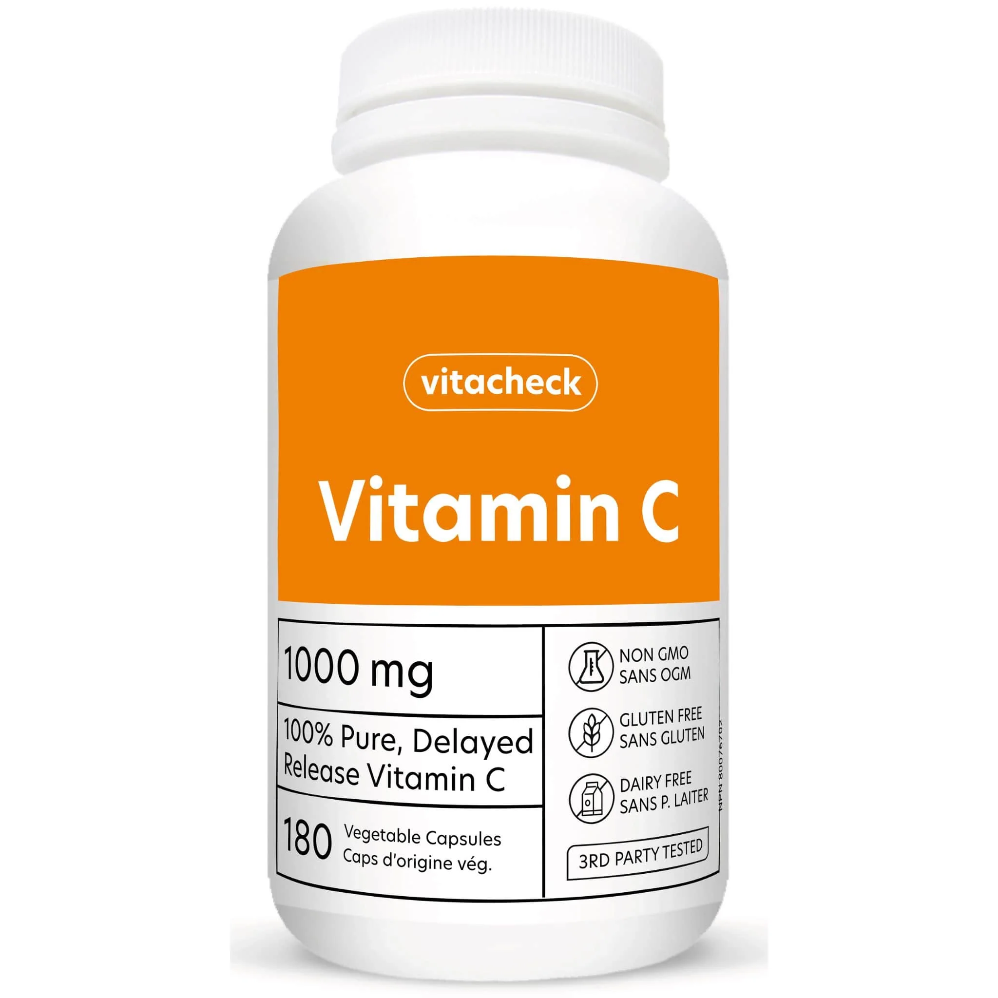 Vitacheck Vitamin C 1000mg, 100% Pure, Helps Boost Immune System and Skin Health, 180 Delayed Release Vegetable Capsules