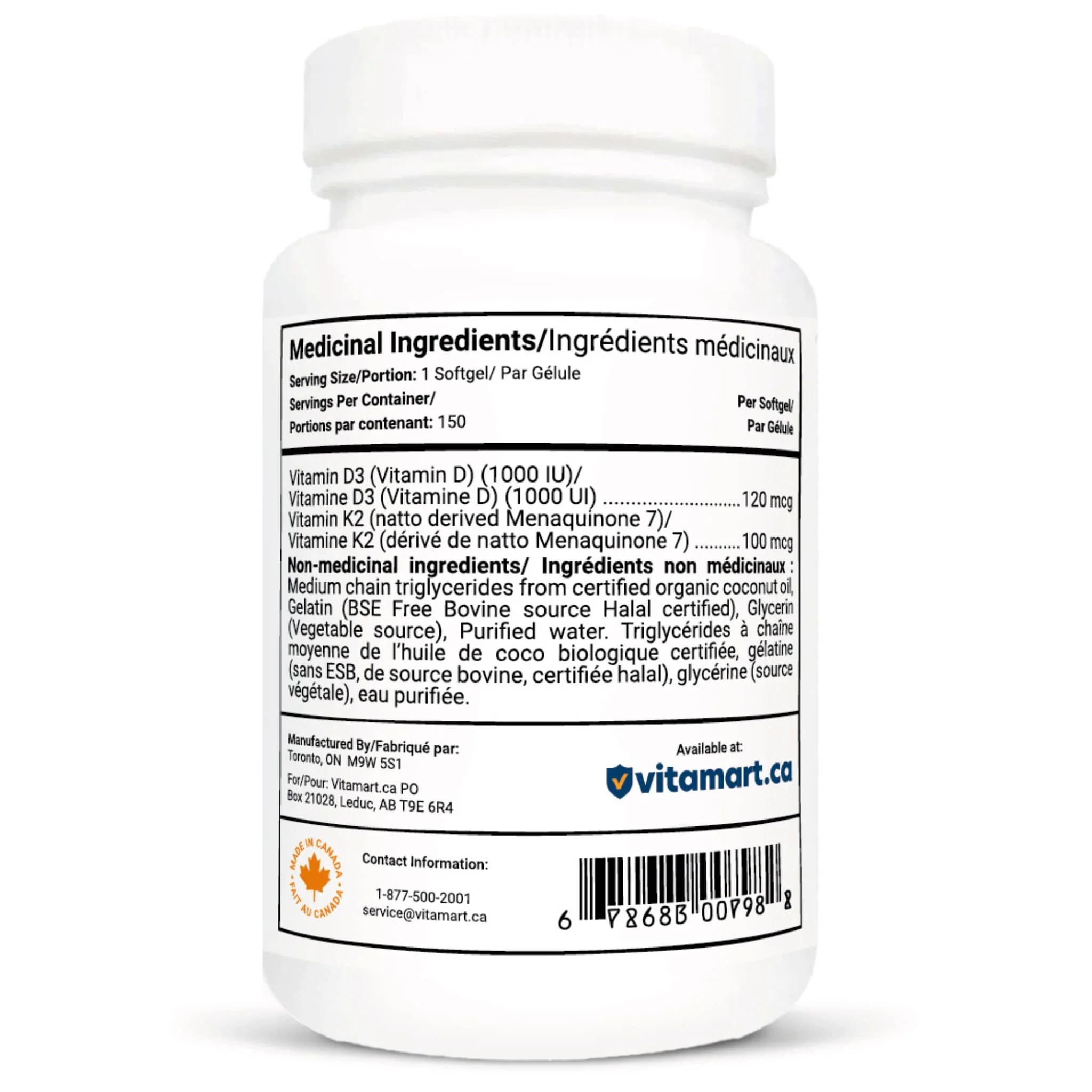 Vitacheck Vitamin D3+K2, 1000IU D3 and 100mcg K2, In Organic Coconut Oil for Better Absorption, Supports Bone and Heart Health, 150 Softgels - Image 2
