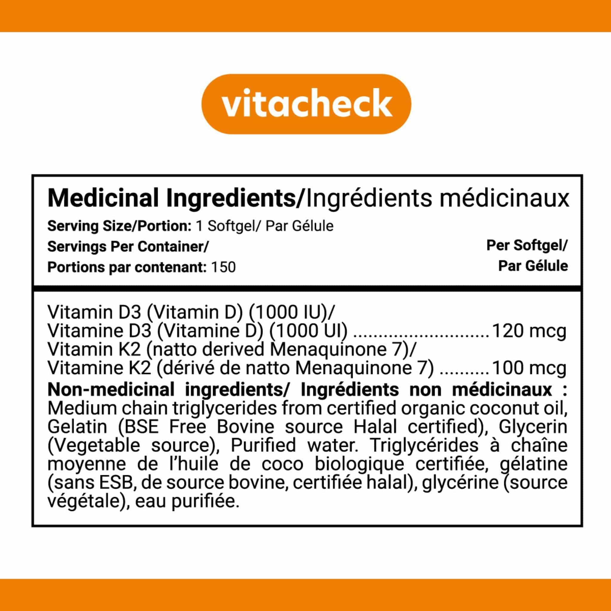 Vitacheck Vitamin D3+K2, 1000IU D3 and 100mcg K2, In Organic Coconut Oil for Better Absorption, Supports Bone and Heart Health, 150 Softgels - Image 4