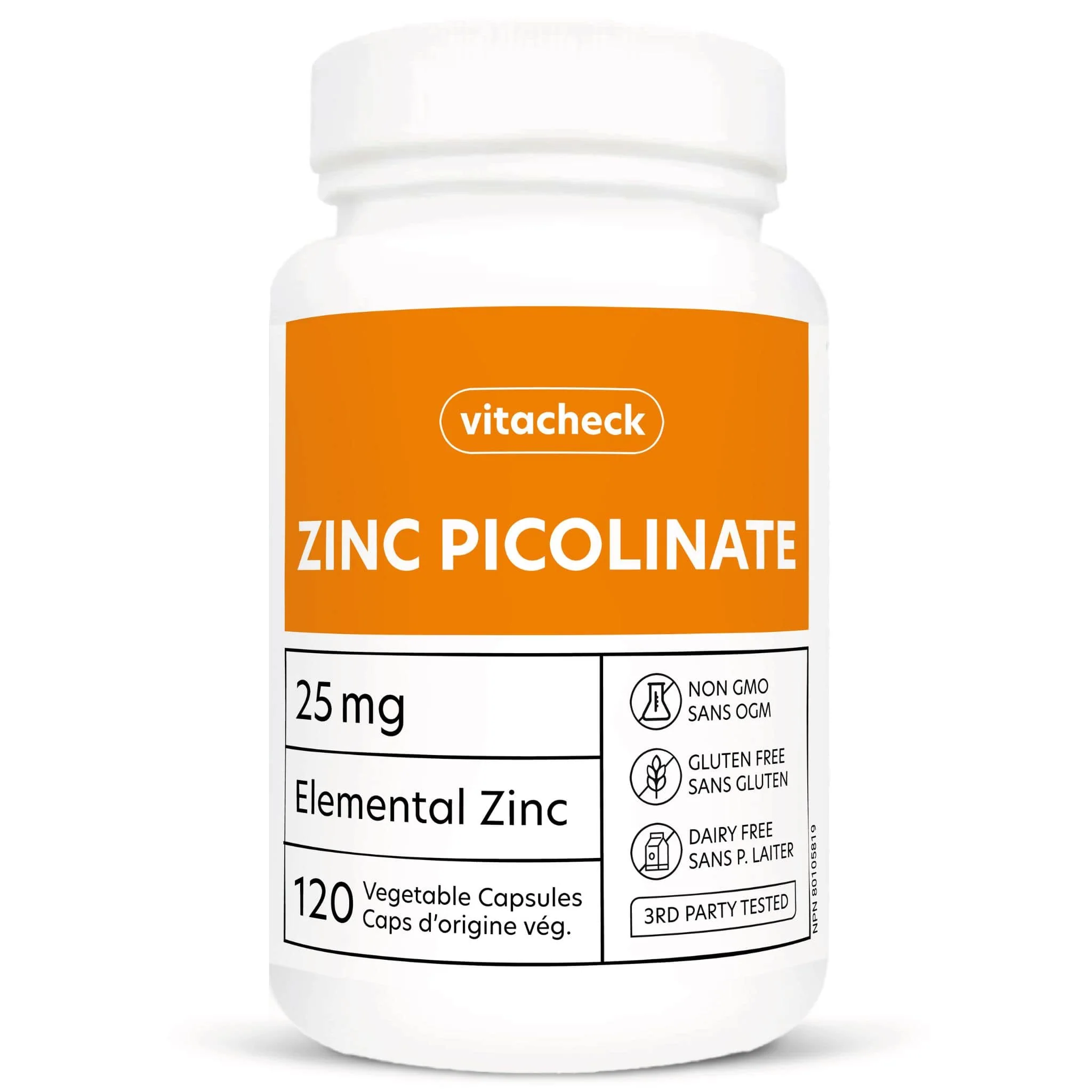 Vitacheck Zinc Picolinate 25mg Extra Strength, Chelated, Immune Health, Energy Metabolism, Hair and Nail Health, 120 Vegetable Capsules