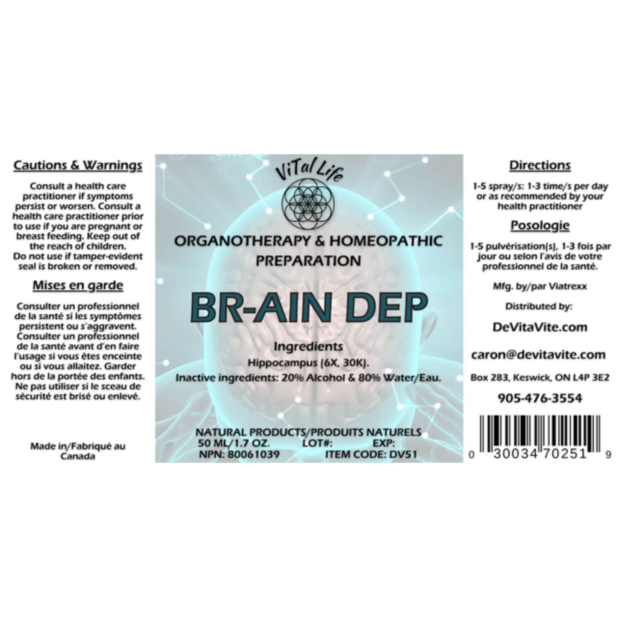 Vital Life BD (BR-AIN DEP) Liquid Spray, Homeopathic Cognitive Support with Hippocampus for Mental Clarity and Brain Function, 50ml - Image 2