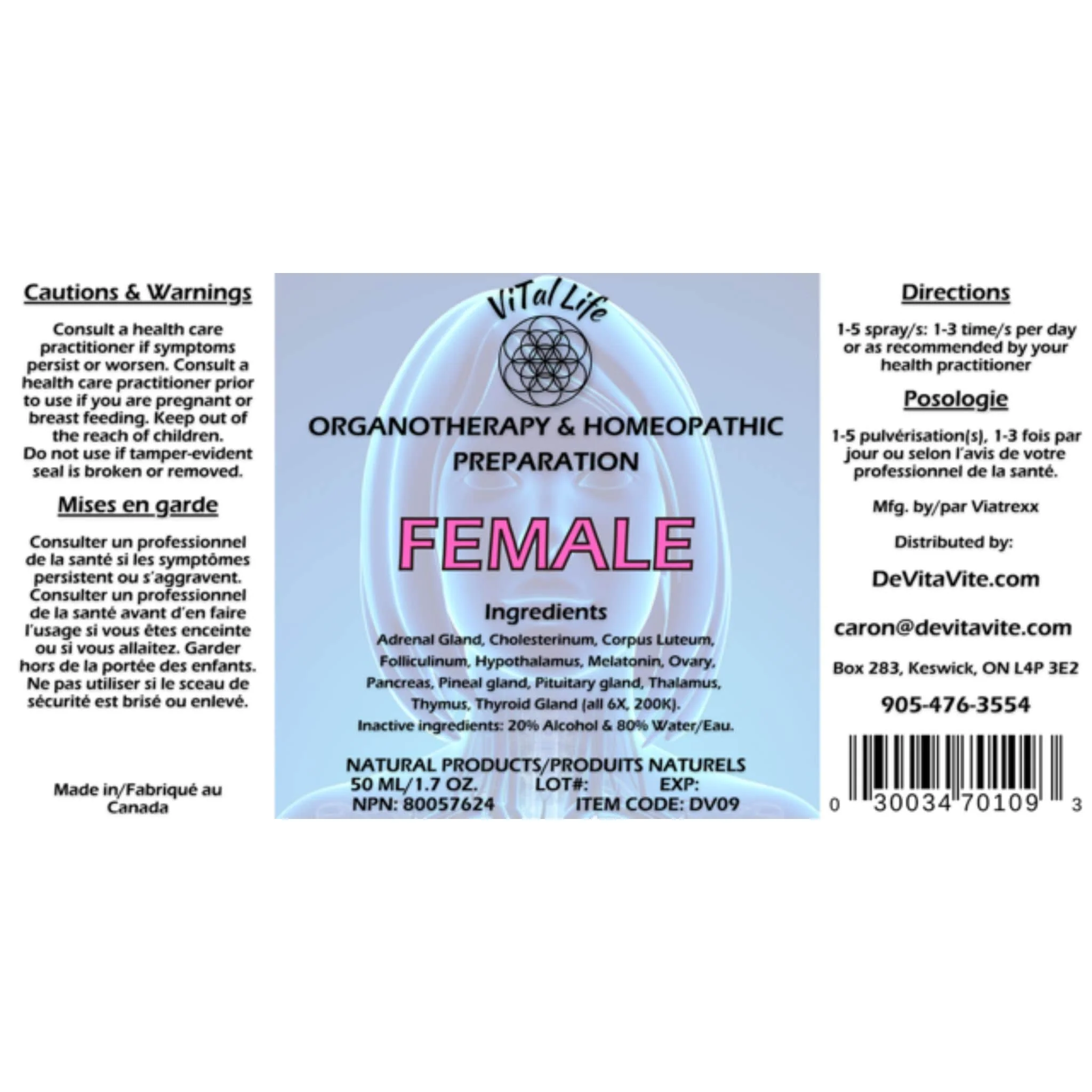 Vital Life Fem+ (FEMALE) Liquid Spray, Hormonal Balance Support, Homeopathic Endocrine Health Formula for Women, 50ml - Image 2