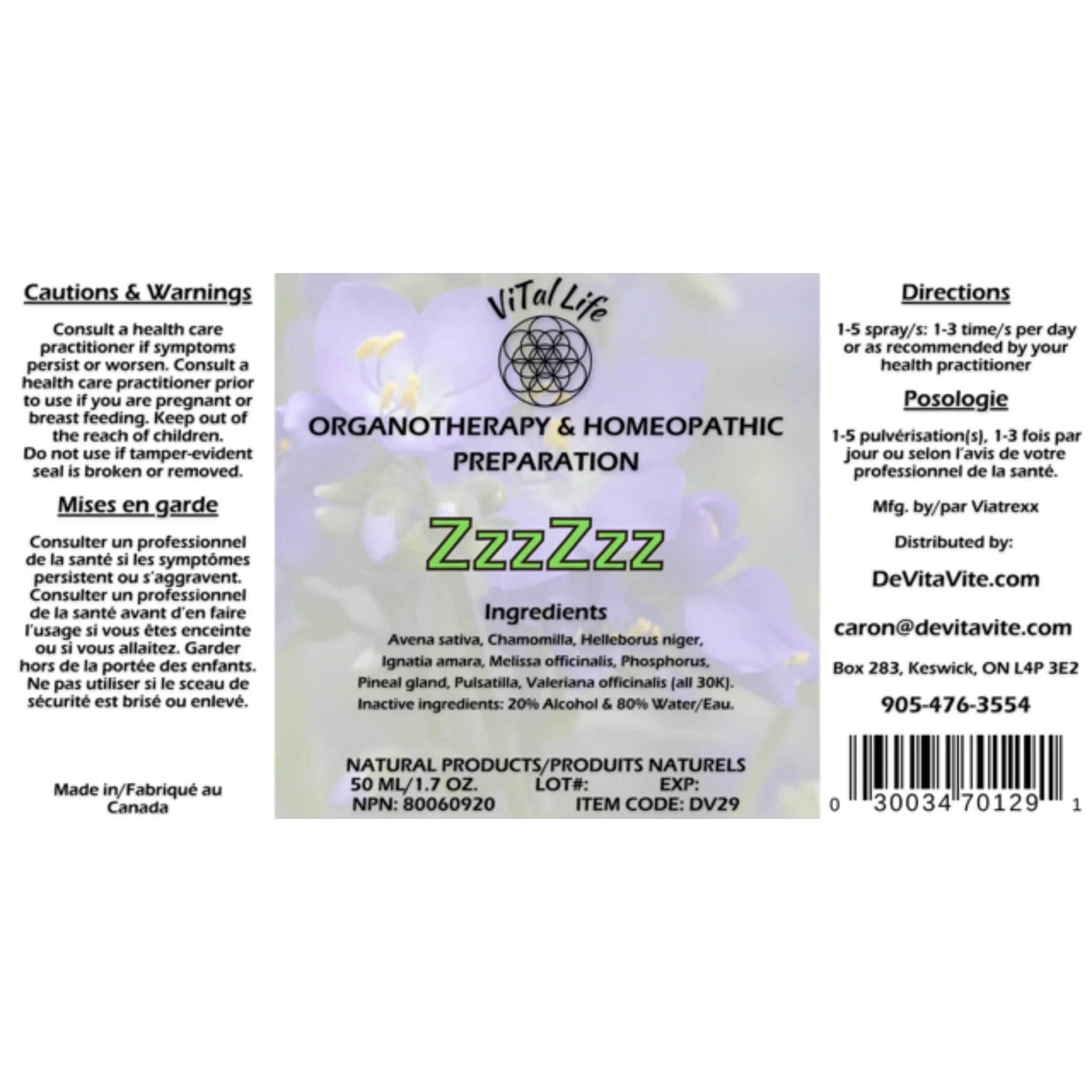 Vital Life ZzzZzz Liquid Spray, Homeopathic Natural Sleep Support, 50ml