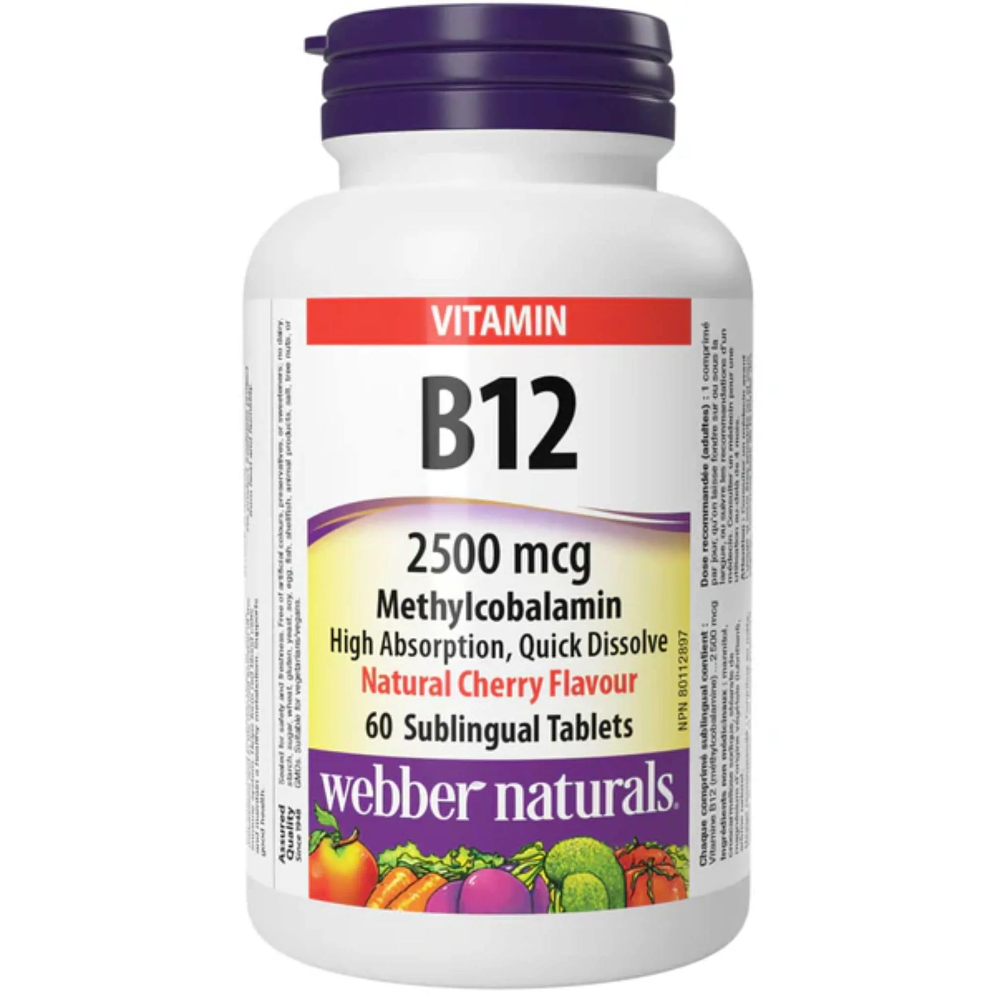 Webber Naturals Vitamin B12 Methylcobalamin 2500mcg, Cherry, Sublingual Tablets
