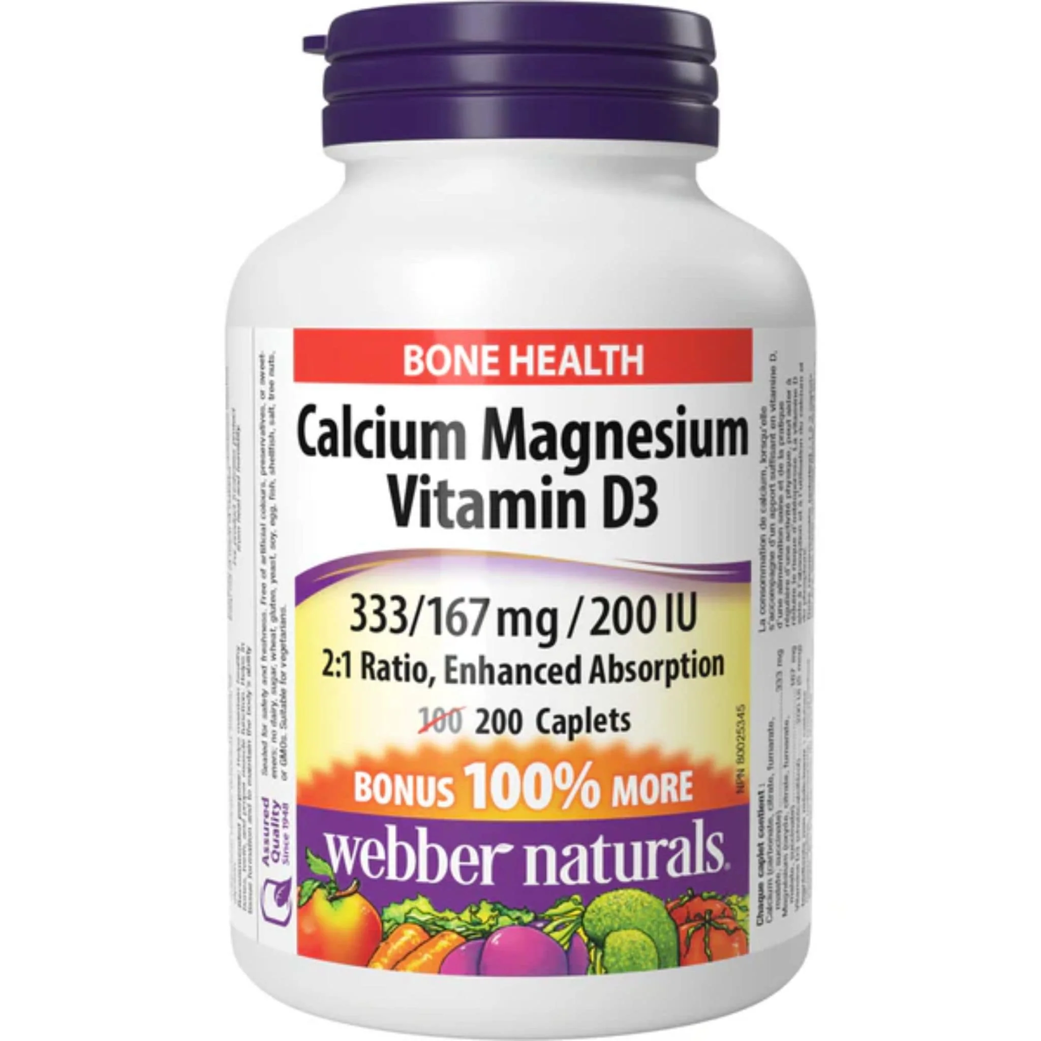 Webber Naturals Calcium Magnesium with Vitamin D3, 333mg/167mg/200IU, Enhanced Absorption, 200 Caplets
