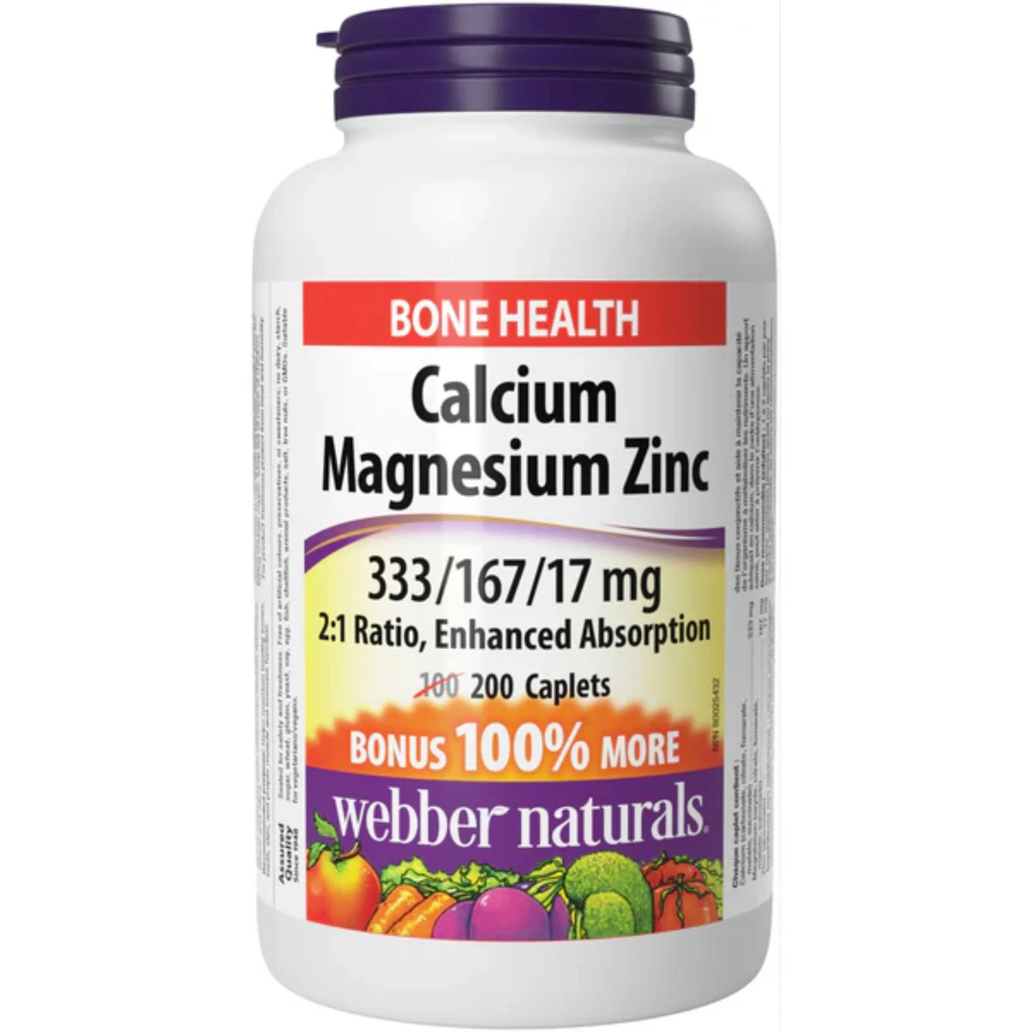 Webber Naturals Calcium Magnesium with Zinc, 333mg/166mg/17mg, Easy Absorption, BONUS SIZE 100% More, 100+100 Caplets