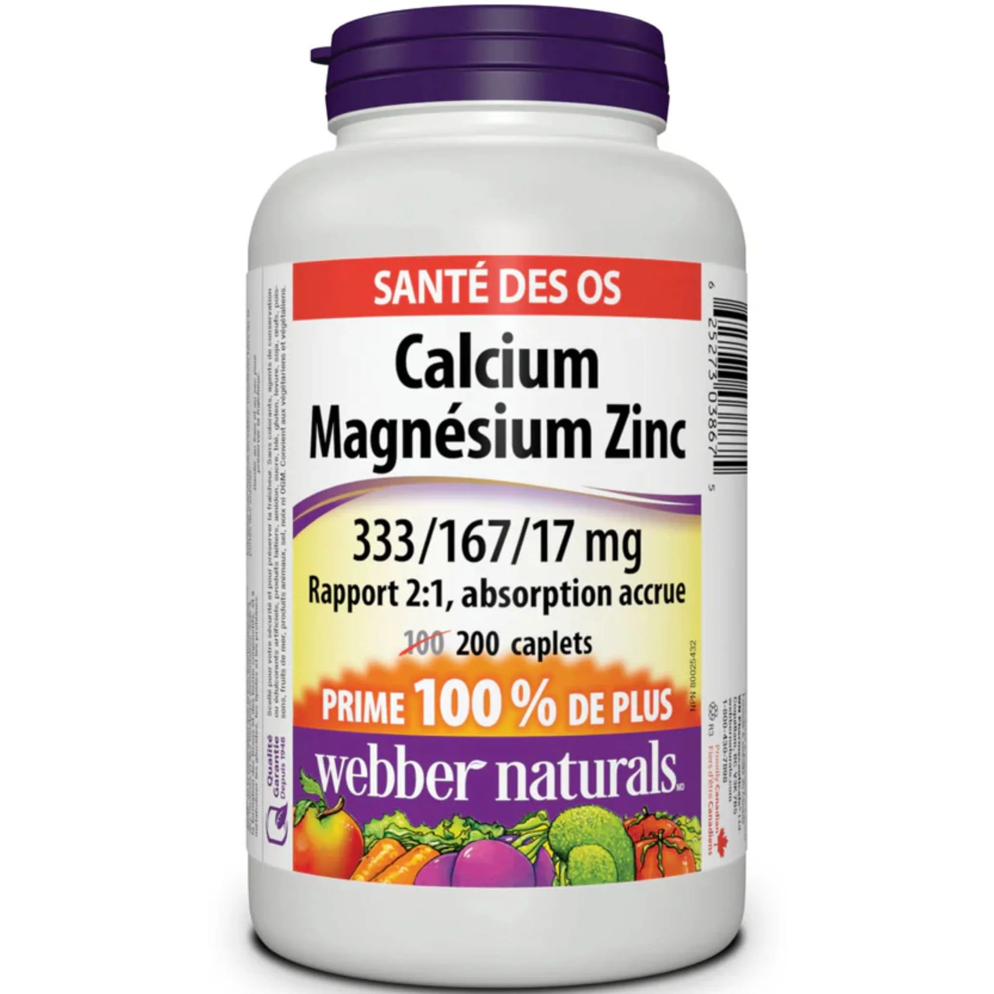 Webber Naturals Calcium Magnesium with Zinc, 333mg/166mg/17mg, Easy Absorption, BONUS SIZE 100% More, 100+100 Caplets - Image 2