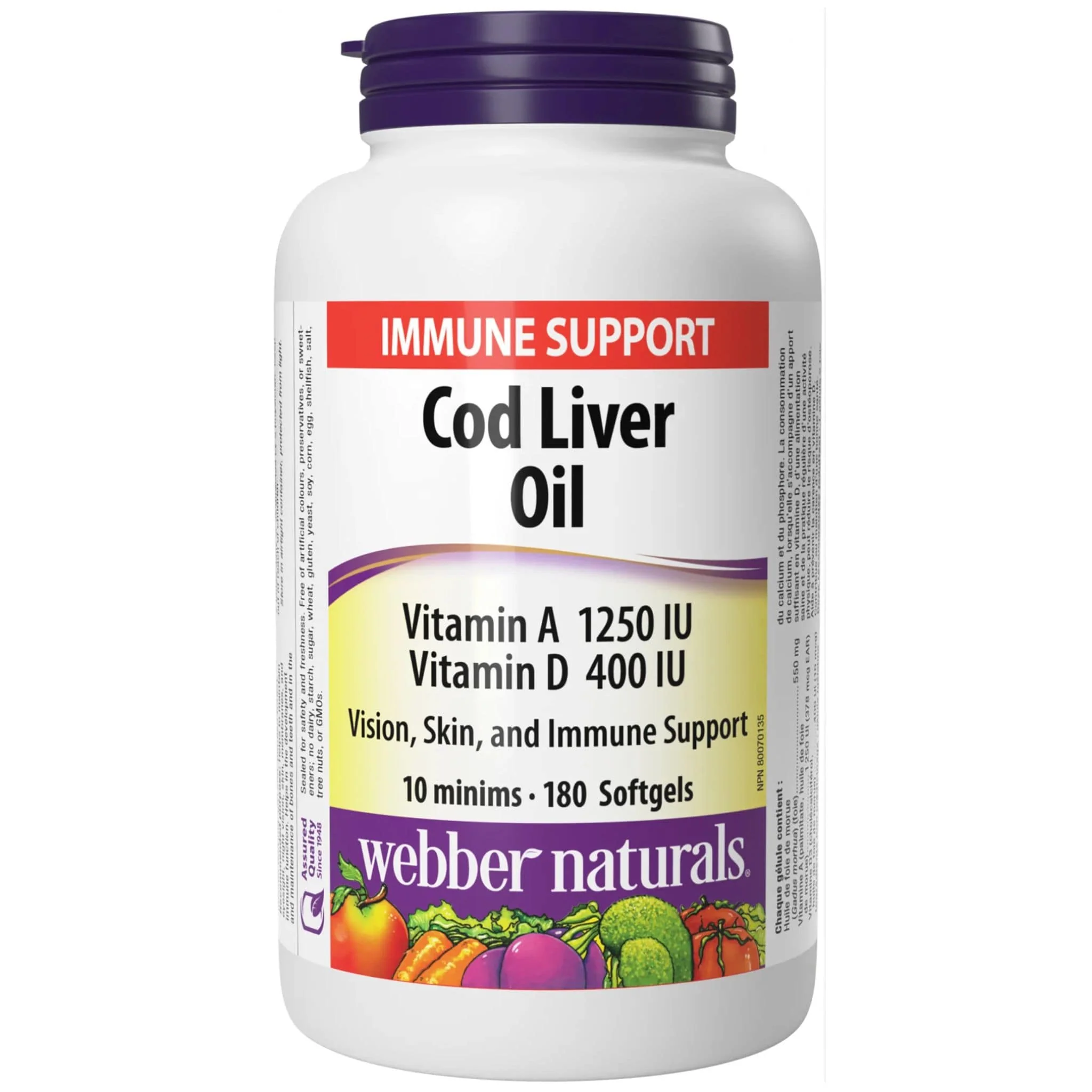 Webber Naturals Cod Liver Oil, Vitamin A 1250 IU and Vitamin D 400 IU, 180 Softgels