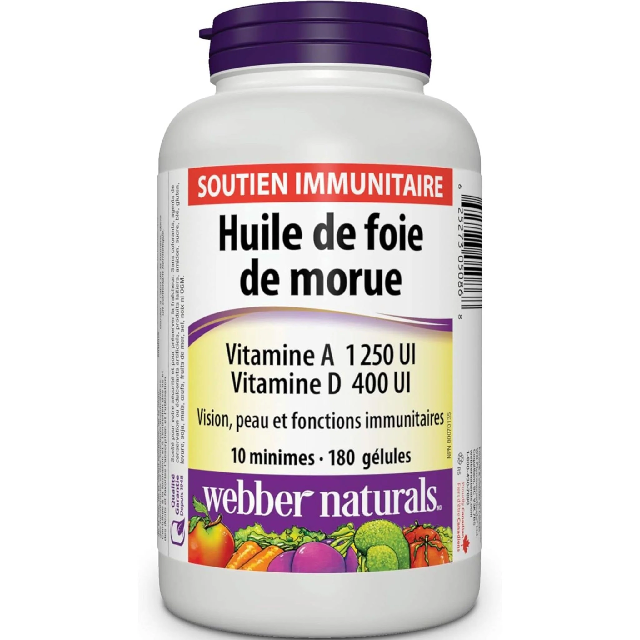 Webber Naturals Cod Liver Oil, Vitamin A 1250 IU and Vitamin D 400 IU, 180 Softgels - Image 2