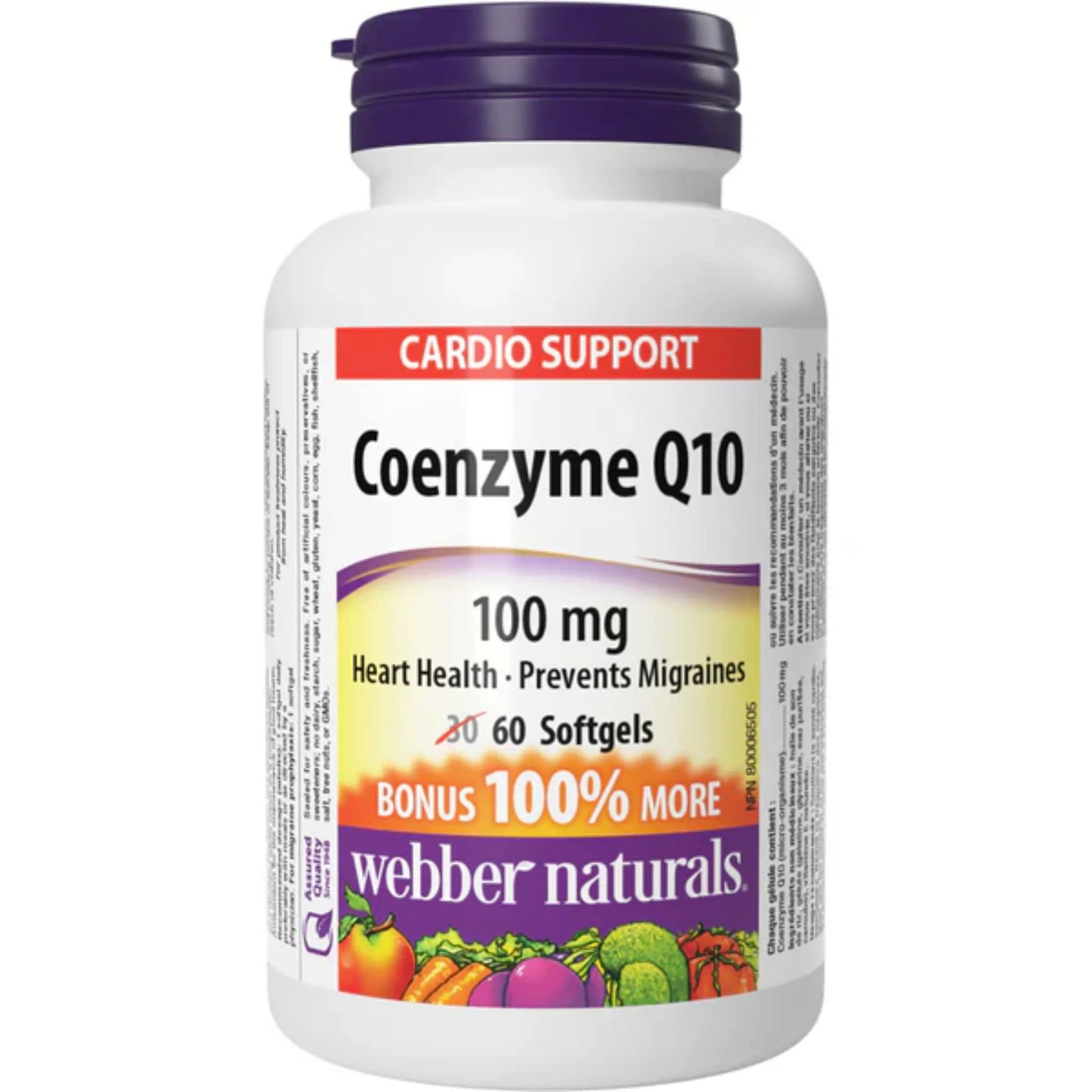 Webber Naturals Coenzyme Q10 100mg BONUS SIZE, 100% More, 60 Softgels