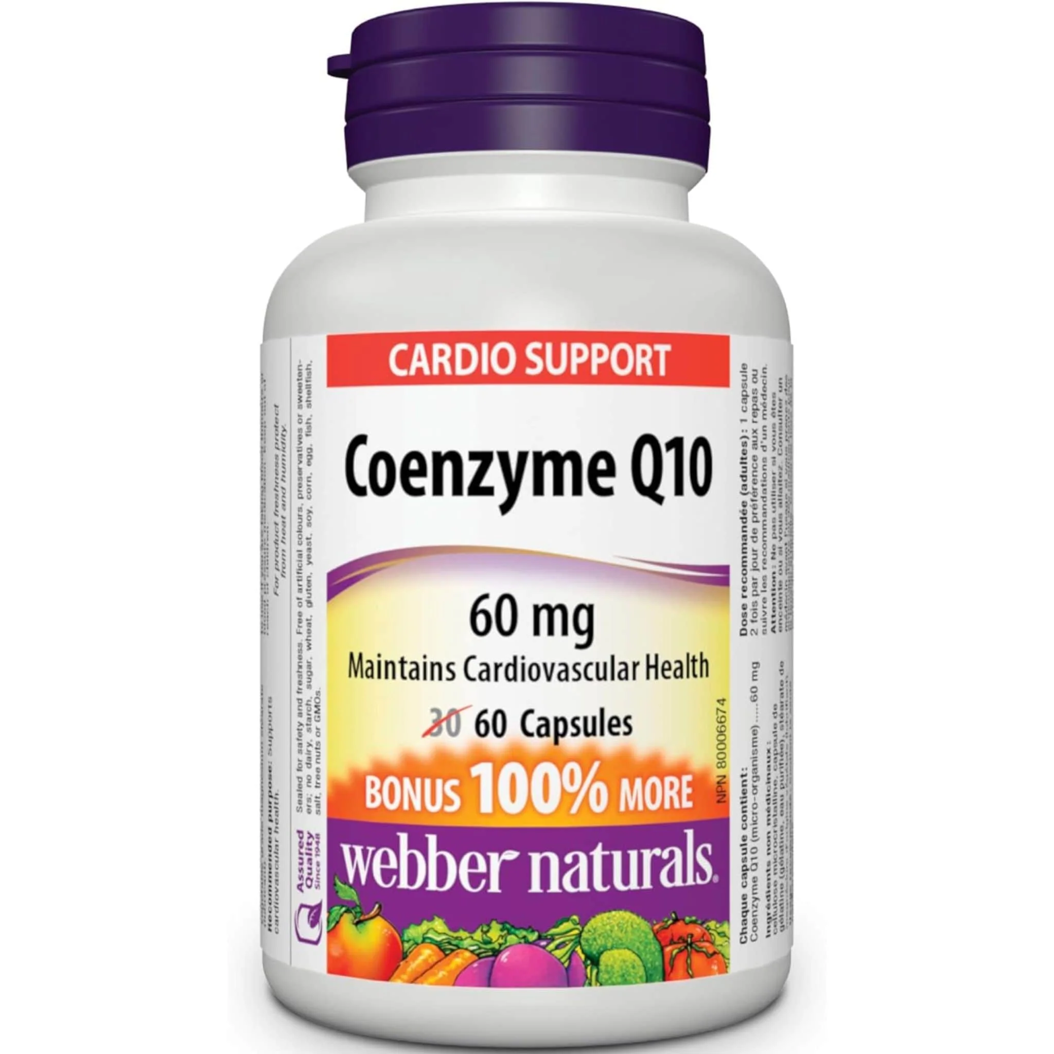 Webber Naturals Coenzyme Q10 60mg, BONUS SIZE, 100% More, 30+30 Capsules