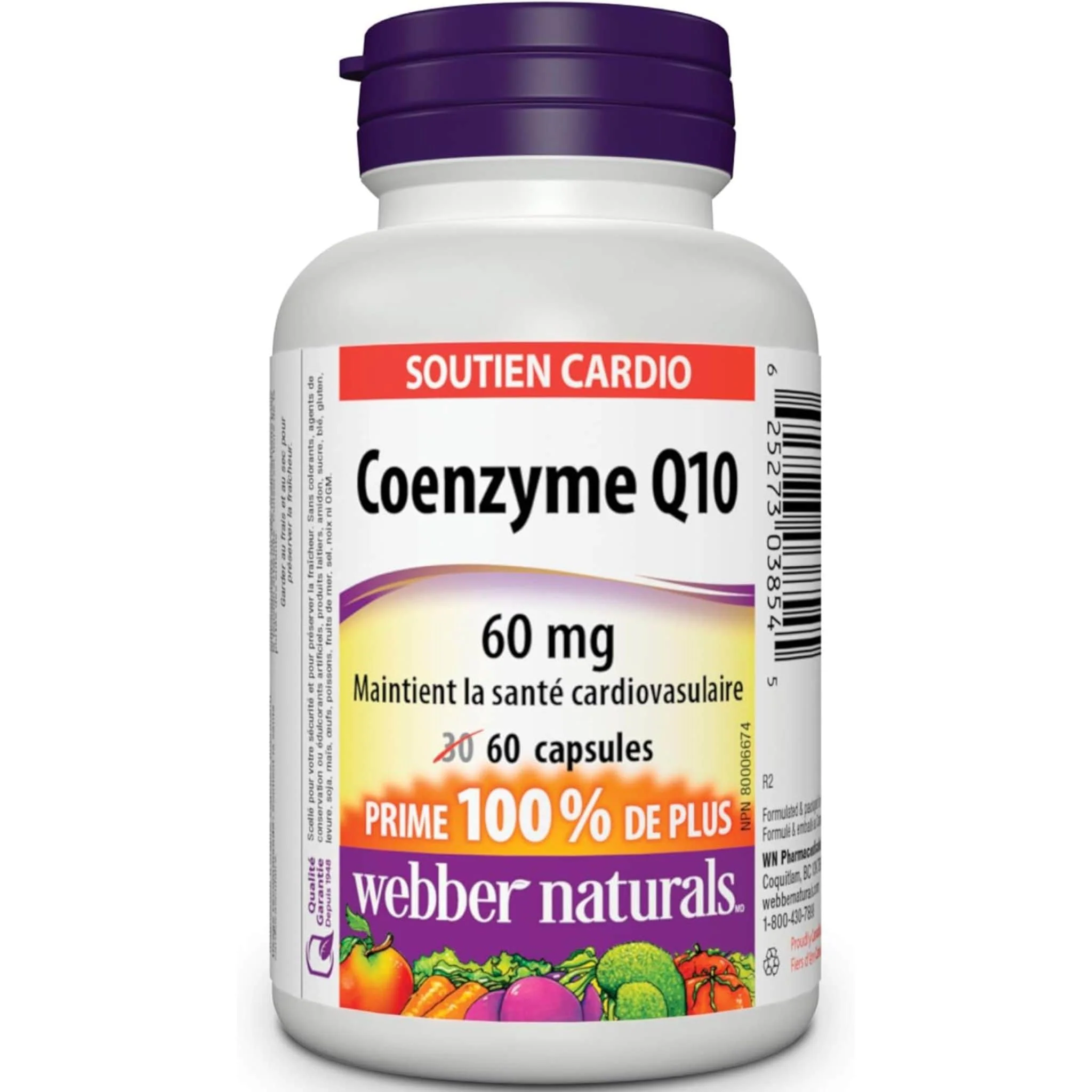 Webber Naturals Coenzyme Q10 60mg, BONUS SIZE, 100% More, 30+30 Capsules - Image 2