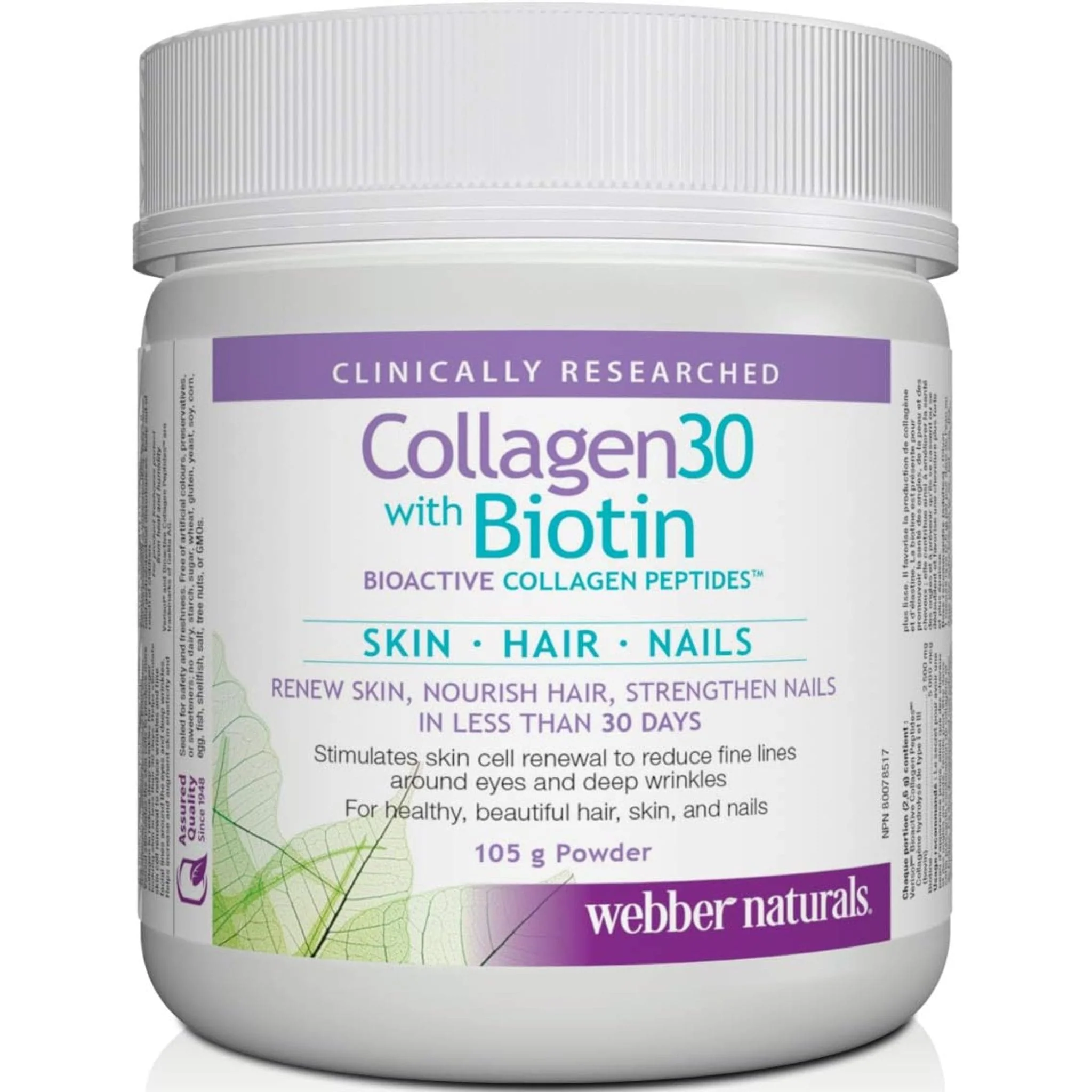 Webber Naturals Collagen30 with Biotin, Bioactive Collagen Peptides, 105g Powder