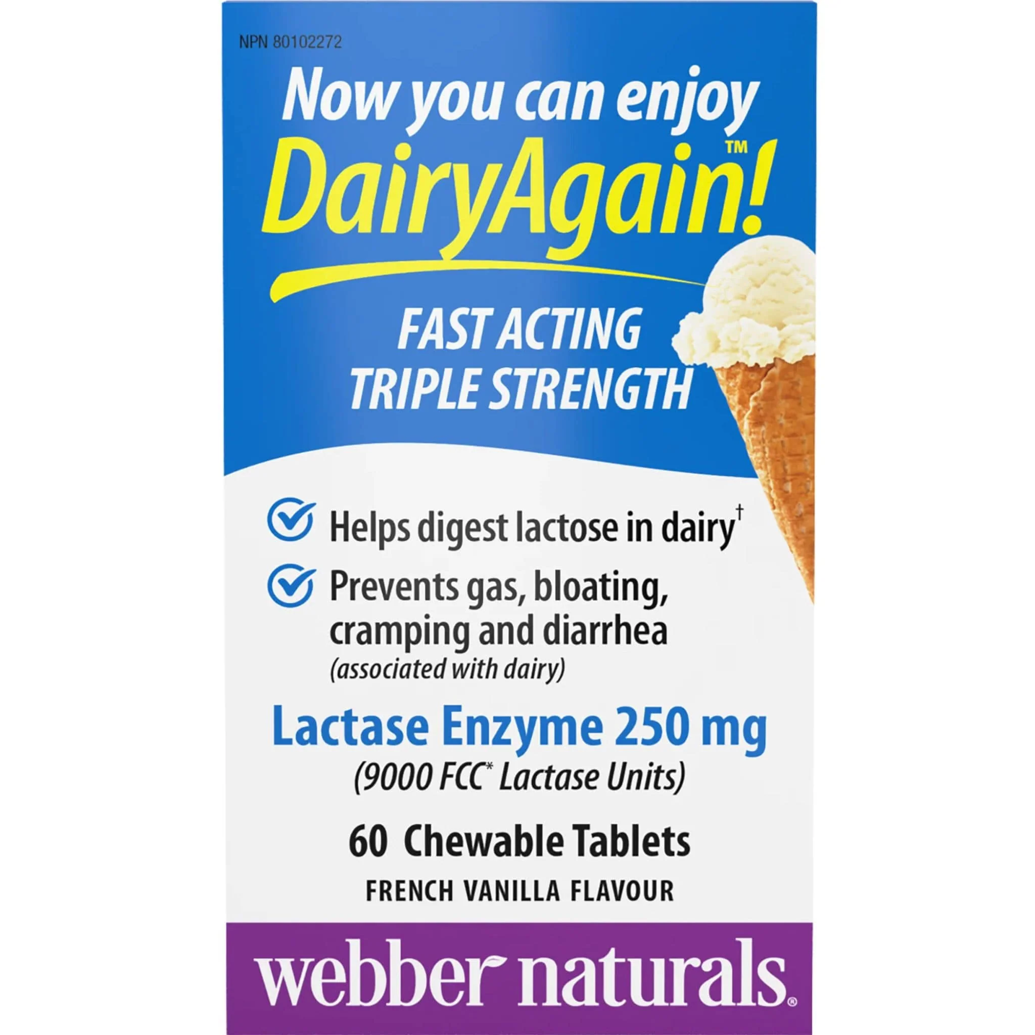 Webber Naturals Dairy Again, Lactase Enzyme 250mg, Helps Digest Lactose in Dairy, 60 Chewable Tablets