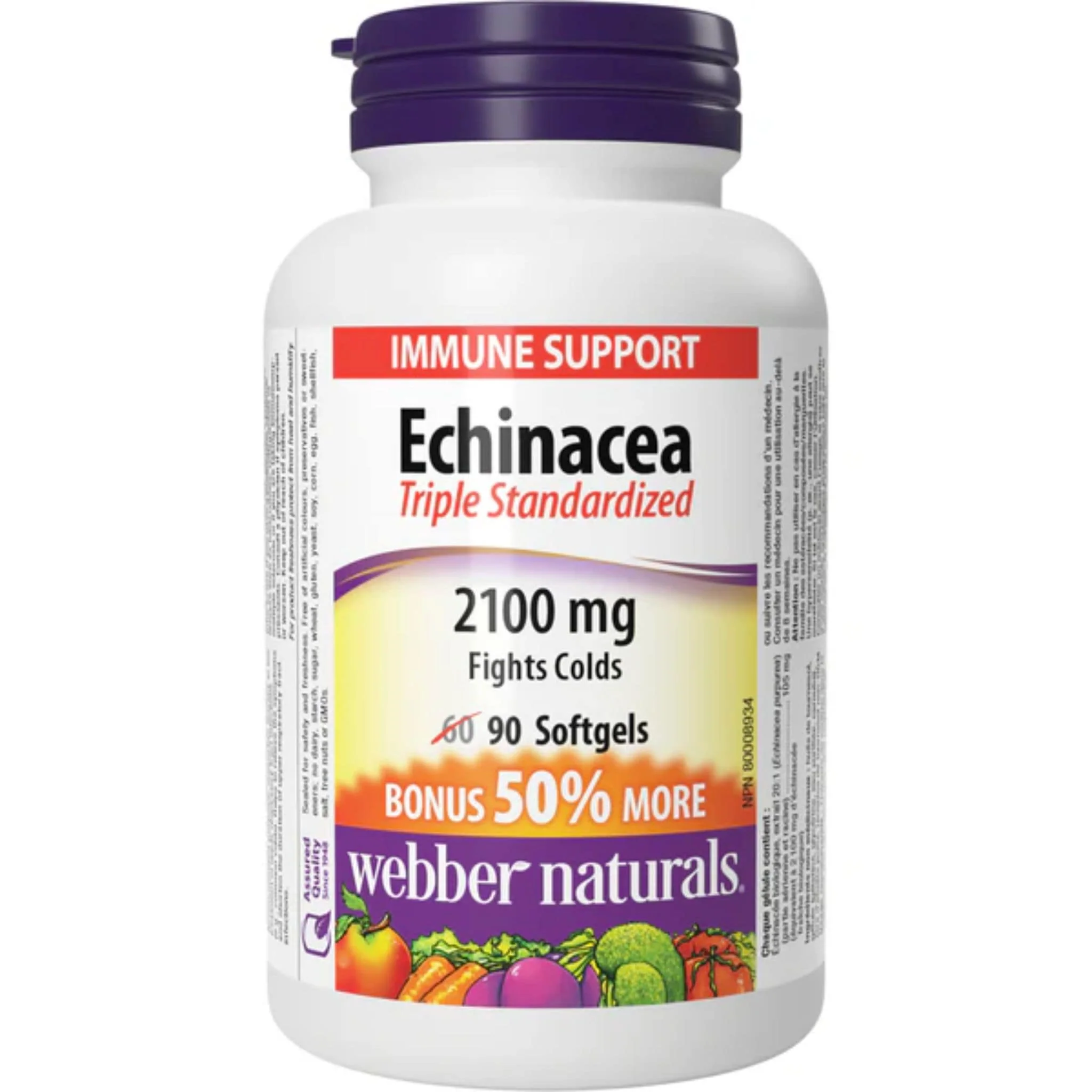 Webber Naturals Echinacea 2100mg, Triple Standardized Herb Extract, 20:1 extract, BONUS SIZE, 50% More, 90 Softgels