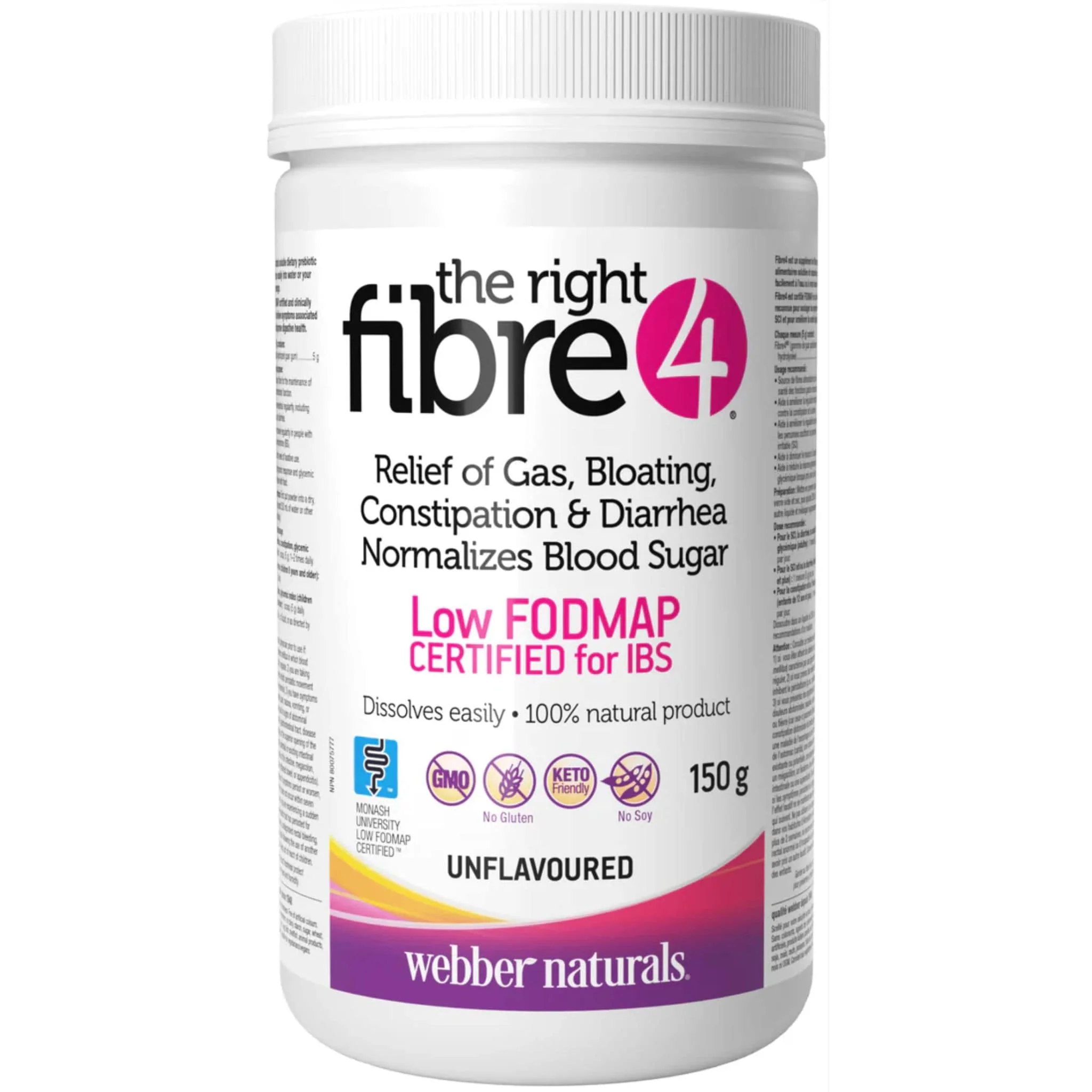 Webber Naturals Fibre 4 IBS Intestinal Discomfort, Low FODMAP, Gluten-Free and Non-GMO, 150g / 30 Servings