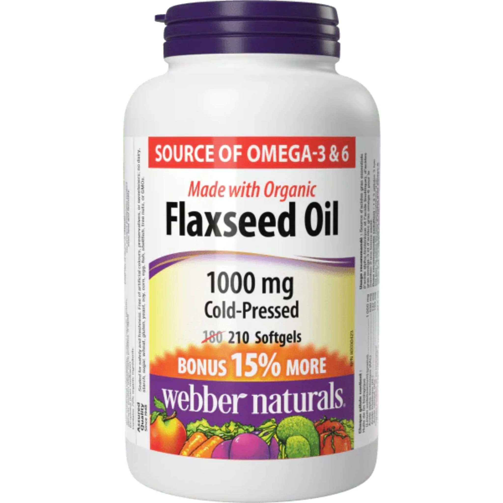 Webber Naturals Flaxseed Oil 1000mg, Certified Organic, Cold Pressed, BONUS SIZE 180+30 Softgels