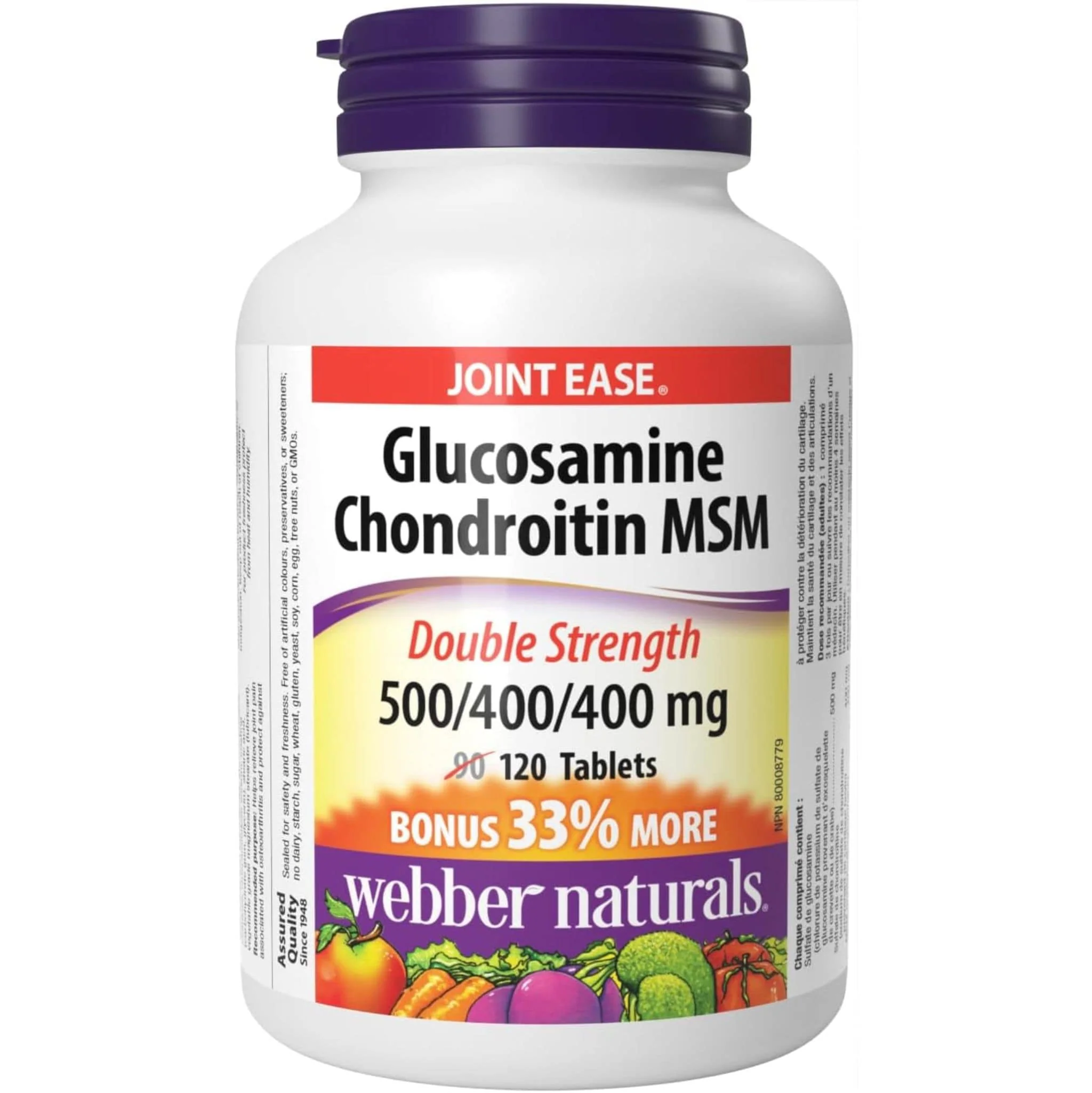 Webber Naturals Glucosamine Chondroitin MSM, Double Strength, 500mg/400mg/400mg, BONUS SIZE 33% More, 120 Tablets