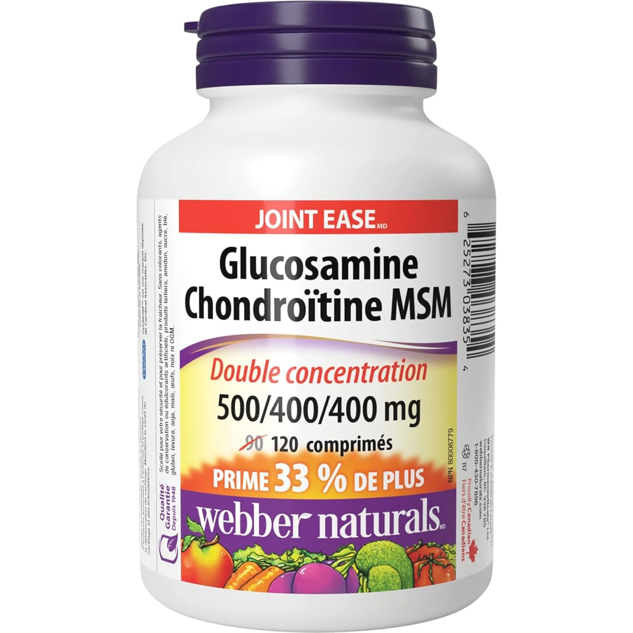 Webber Naturals Glucosamine Chondroitin MSM, Double Strength, 500mg/400mg/400mg, BONUS SIZE 33% More, 120 Tablets - Image 2