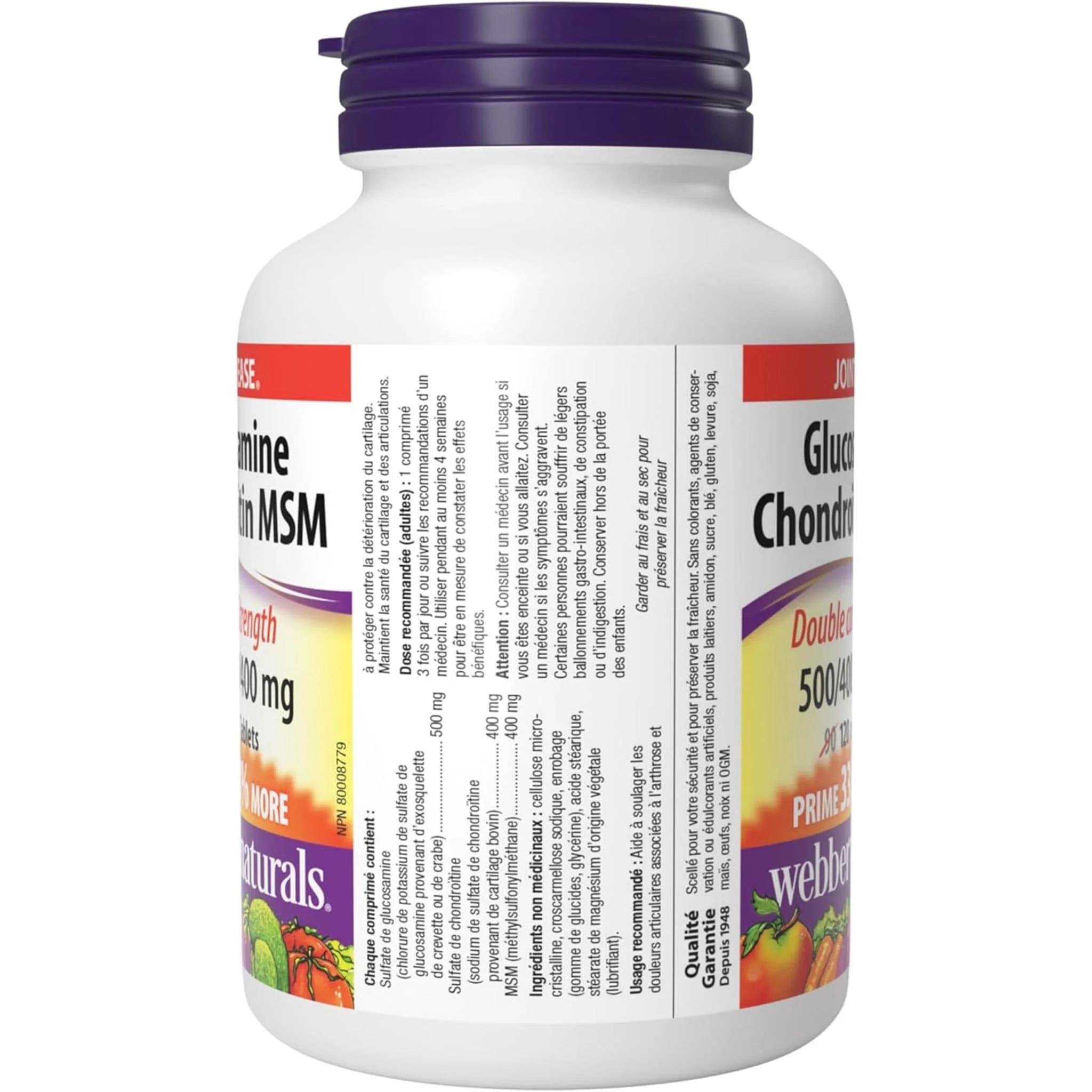 Webber Naturals Glucosamine Chondroitin MSM, Double Strength, 500mg/400mg/400mg, BONUS SIZE 33% More, 120 Tablets - Image 3