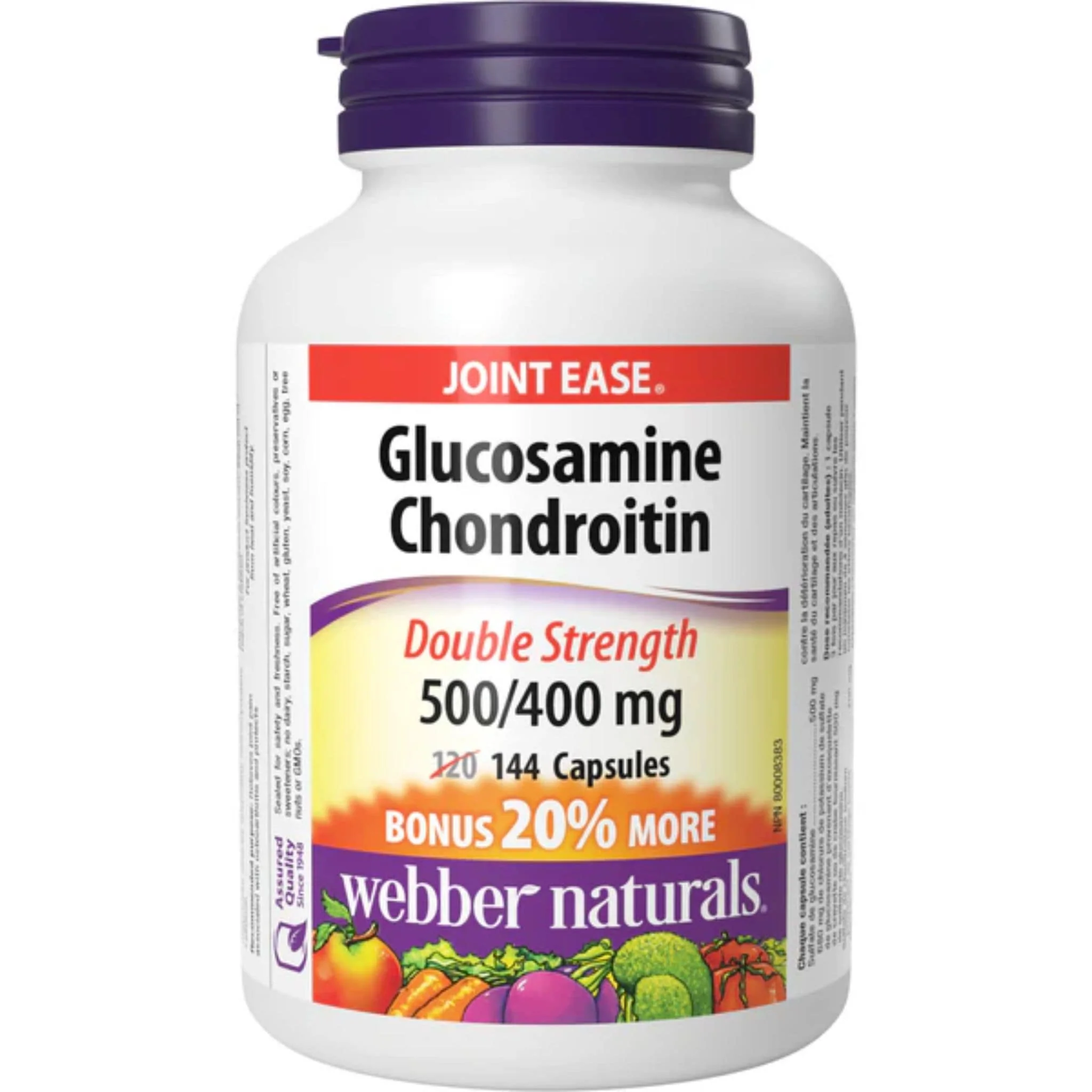 Webber Naturals Glucosamine Chondroitin Sulfate, Double Strength, 500mg/400mg, BONUS SIZE 20% More, 120+24 Capsules