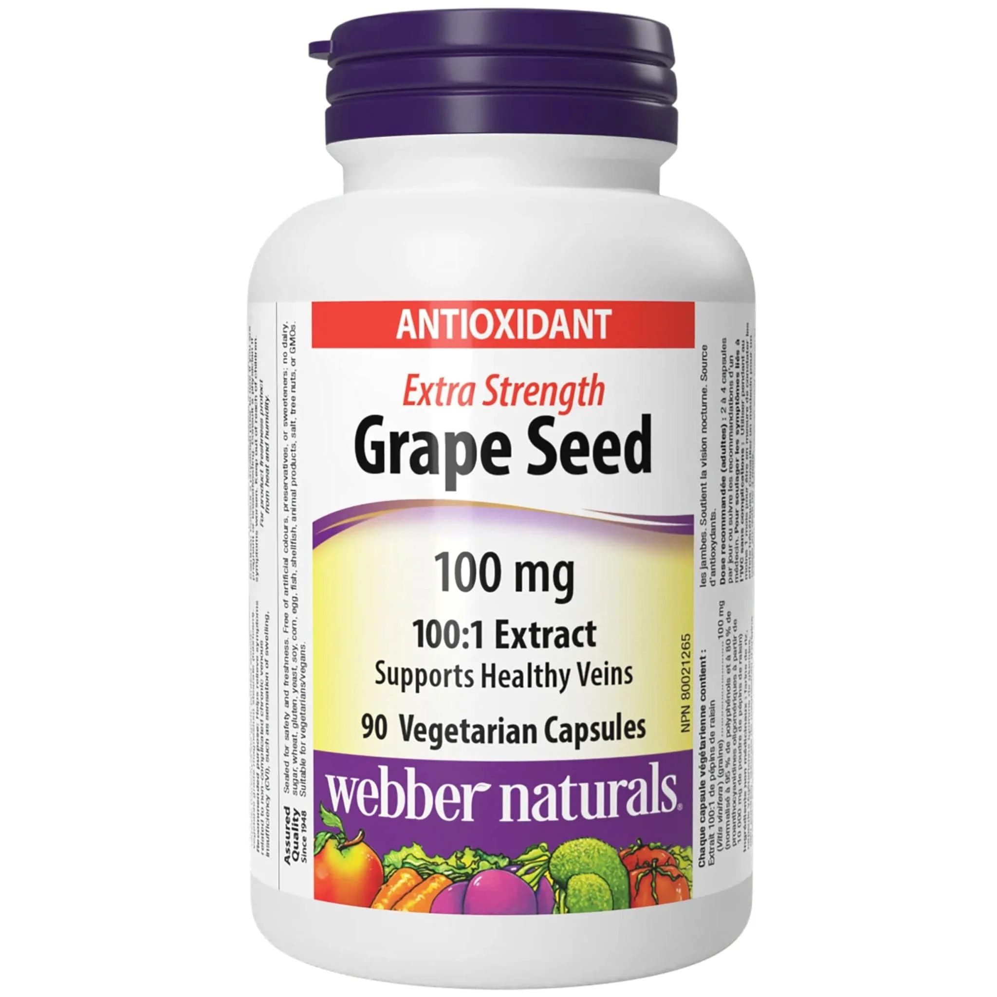 Webber Naturals Grape Seed 100mg Extra Strength, Supports Healthy Veins, 90 Vegetable Capsules