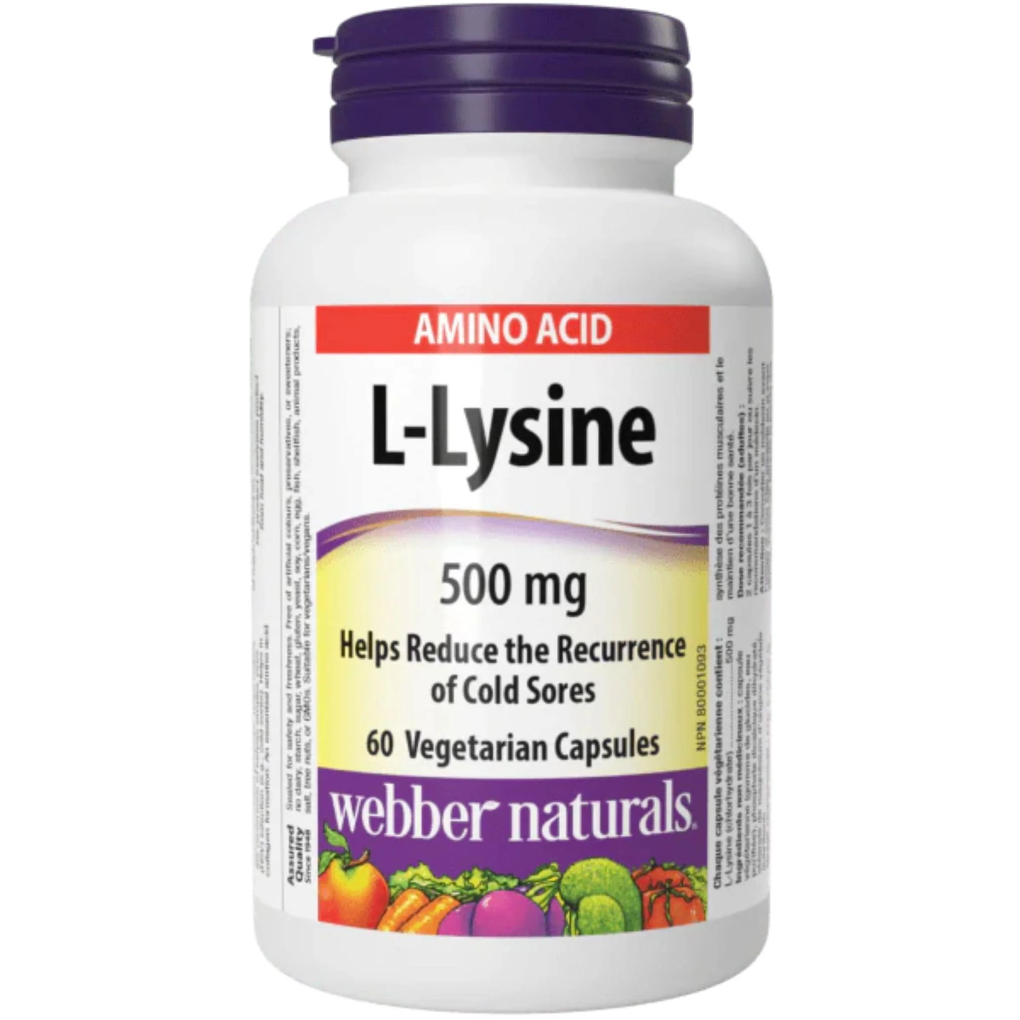 Webber Naturals L–Lysine 500mg, 60 Vegetarian Capsules