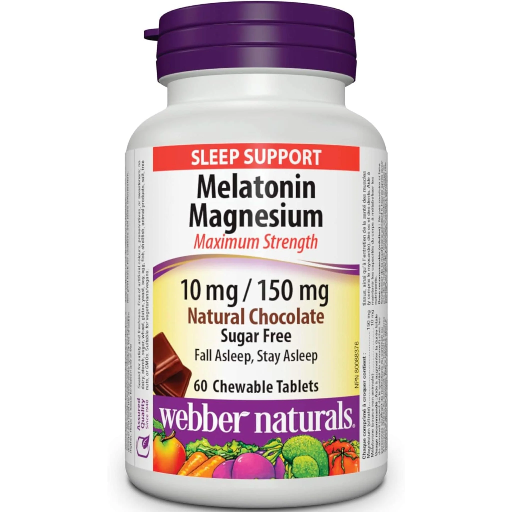 Webber Naturals Melatonin Magnesium, 10mg /150mg, Sugar Free, 60 Chewable Tablets