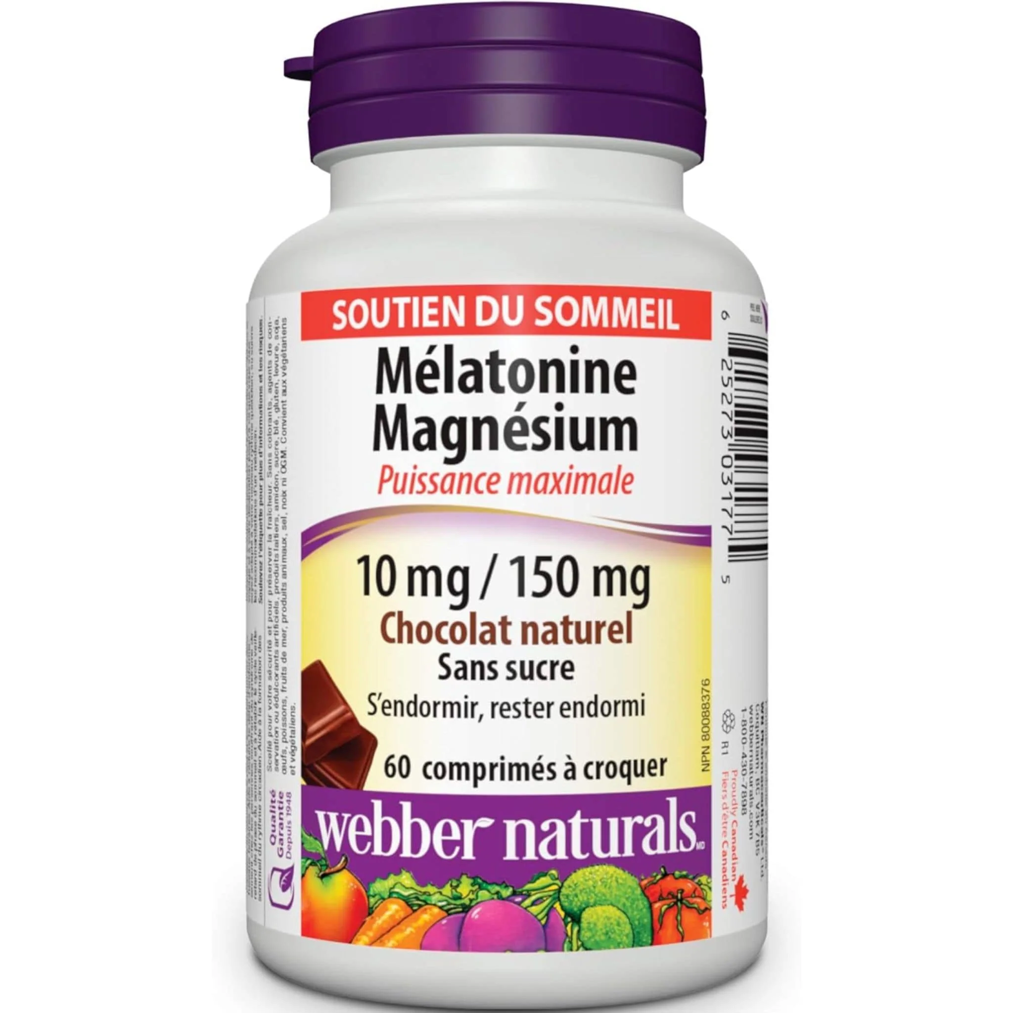 Webber Naturals Melatonin Magnesium, 10mg /150mg, Sugar Free, 60 Chewable Tablets - Image 2