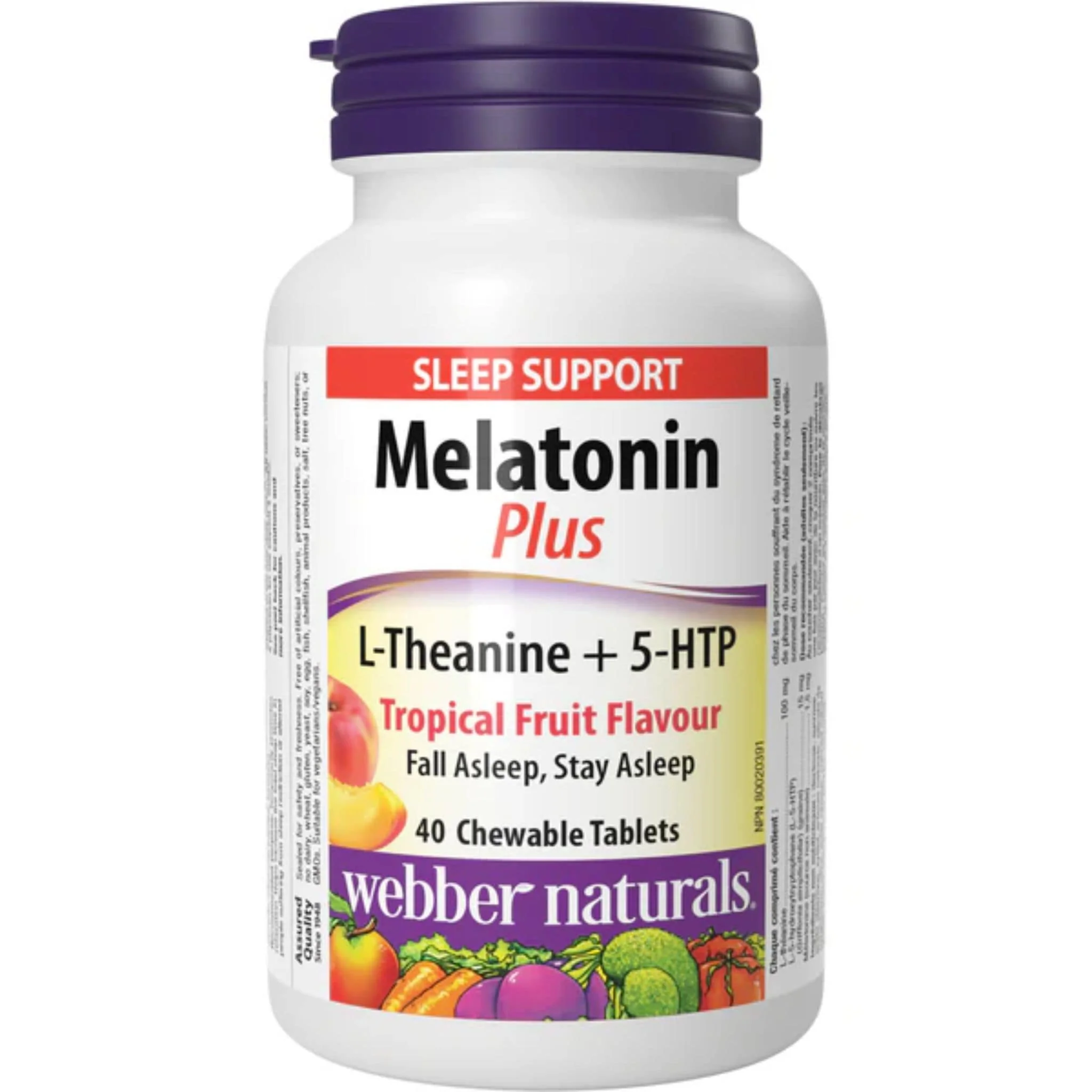 Webber Naturals Melatonin 1.5mg Plus L-Theanine and 5-HTP, Tropical Fruit, 40 Chewable Tablets