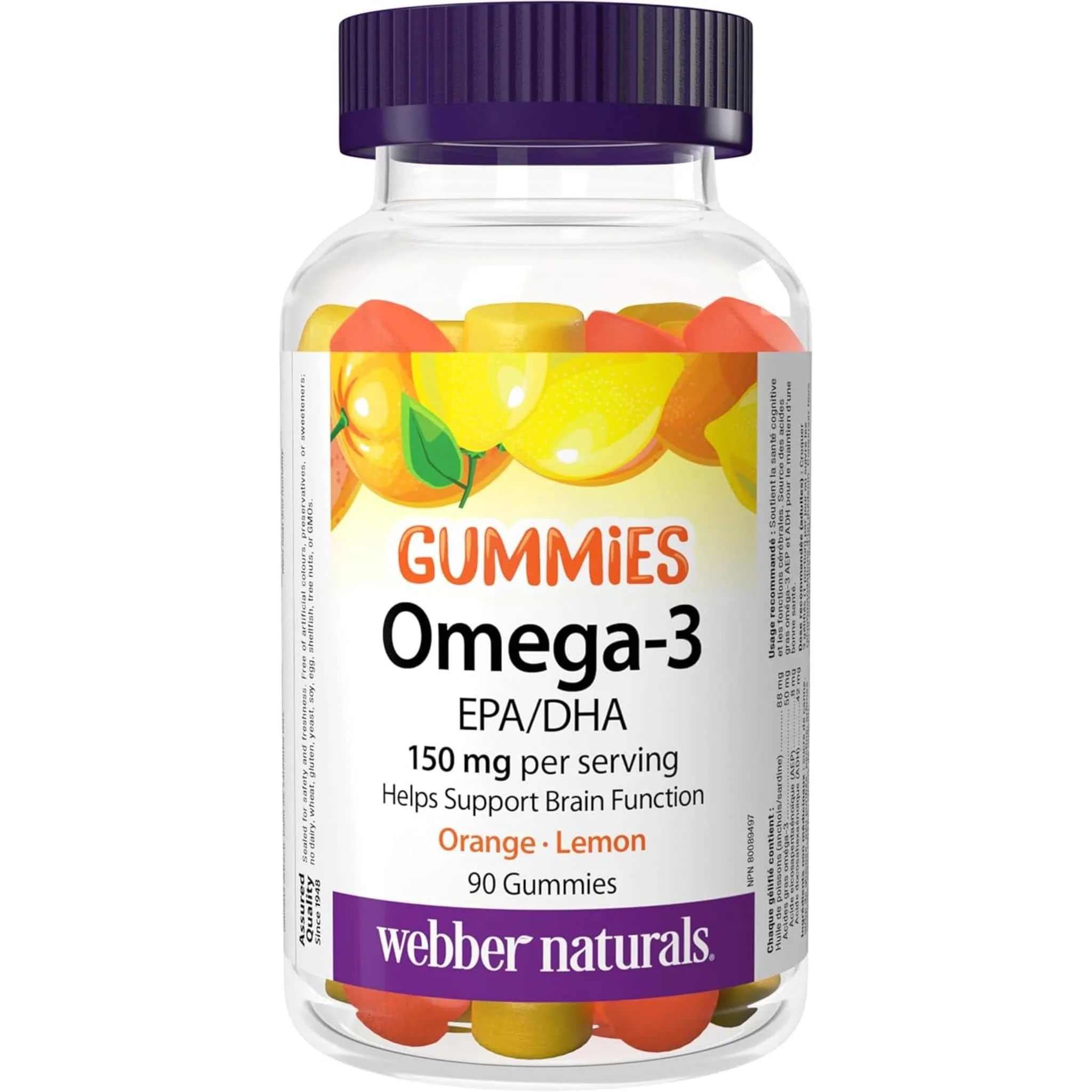 Webber Naturals Omega-3 Gummy 150mg, Supports Brain Function, Fish Oil Gummy, EPA 8mg, DHA 42mg, Orange, Lemon, 90 Gummies
