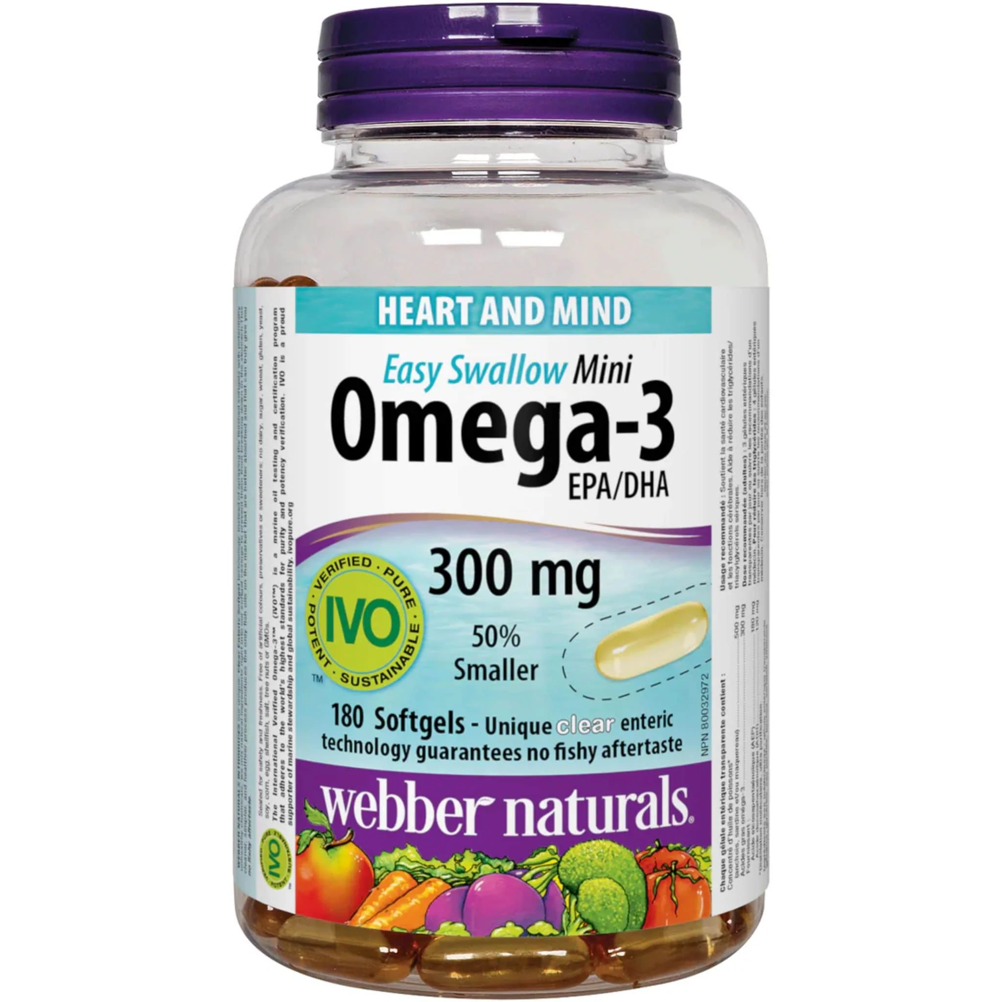Webber Naturals Omega 3 300mg Mini Clear Enteric Softgels, 50% Smaller, 180 EPA / 120 DHA