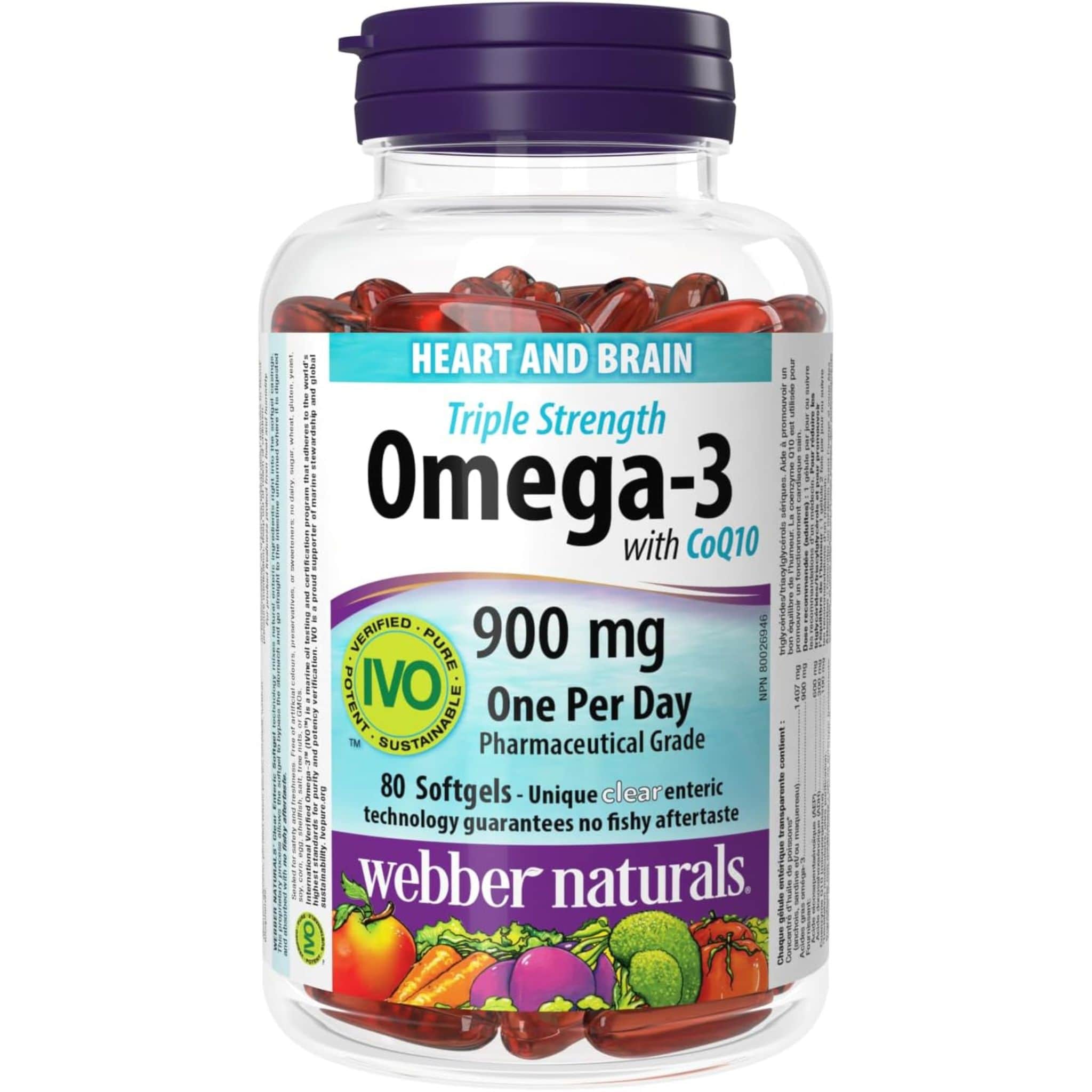 Webber Naturals Omega-3 plus CoQ10, Triple Strength, EPA 900mg, DHA 100mg, 80 Clear Enteric Softgels