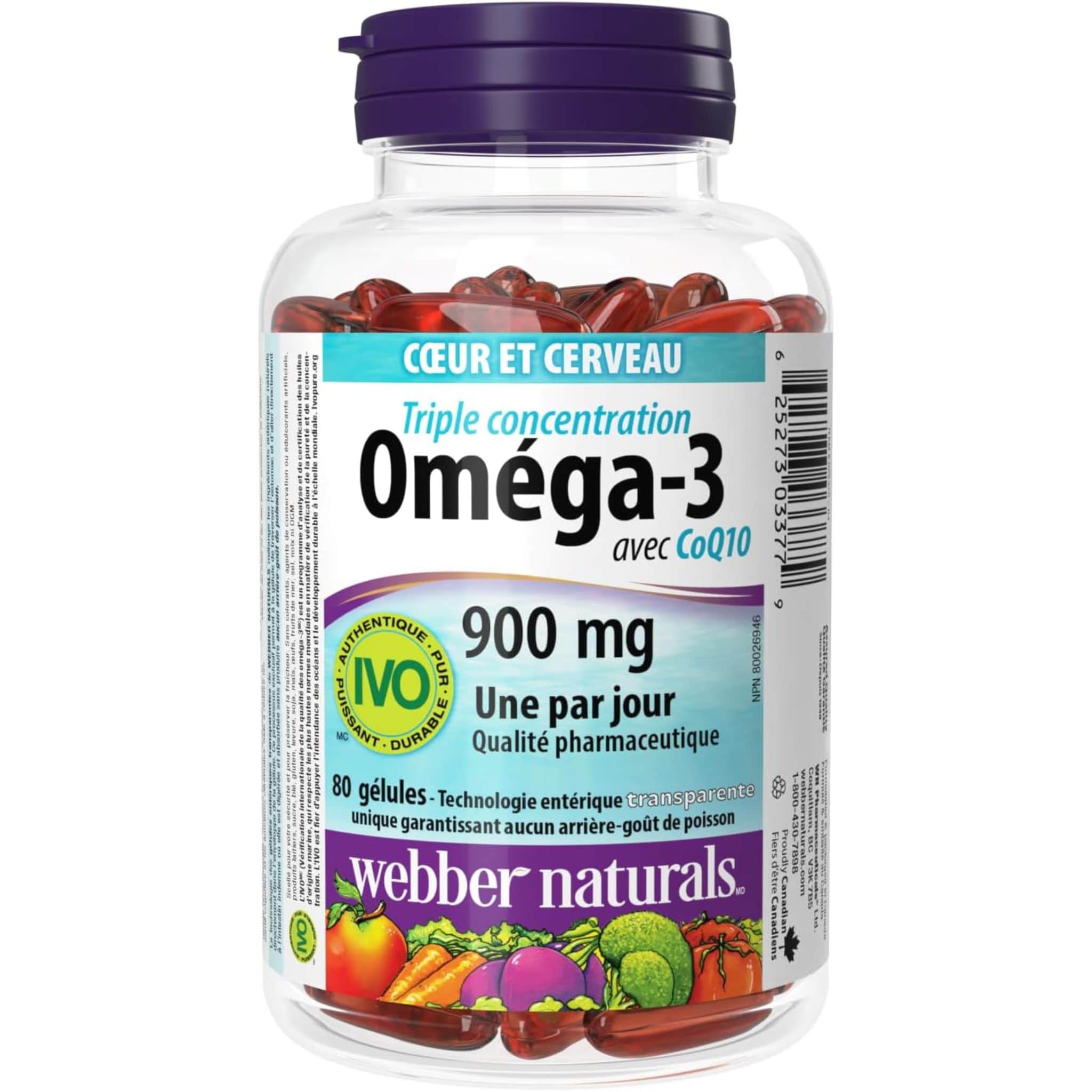 Webber Naturals Omega-3 plus CoQ10, Triple Strength, EPA 900mg, DHA 100mg, 80 Clear Enteric Softgels - Image 2