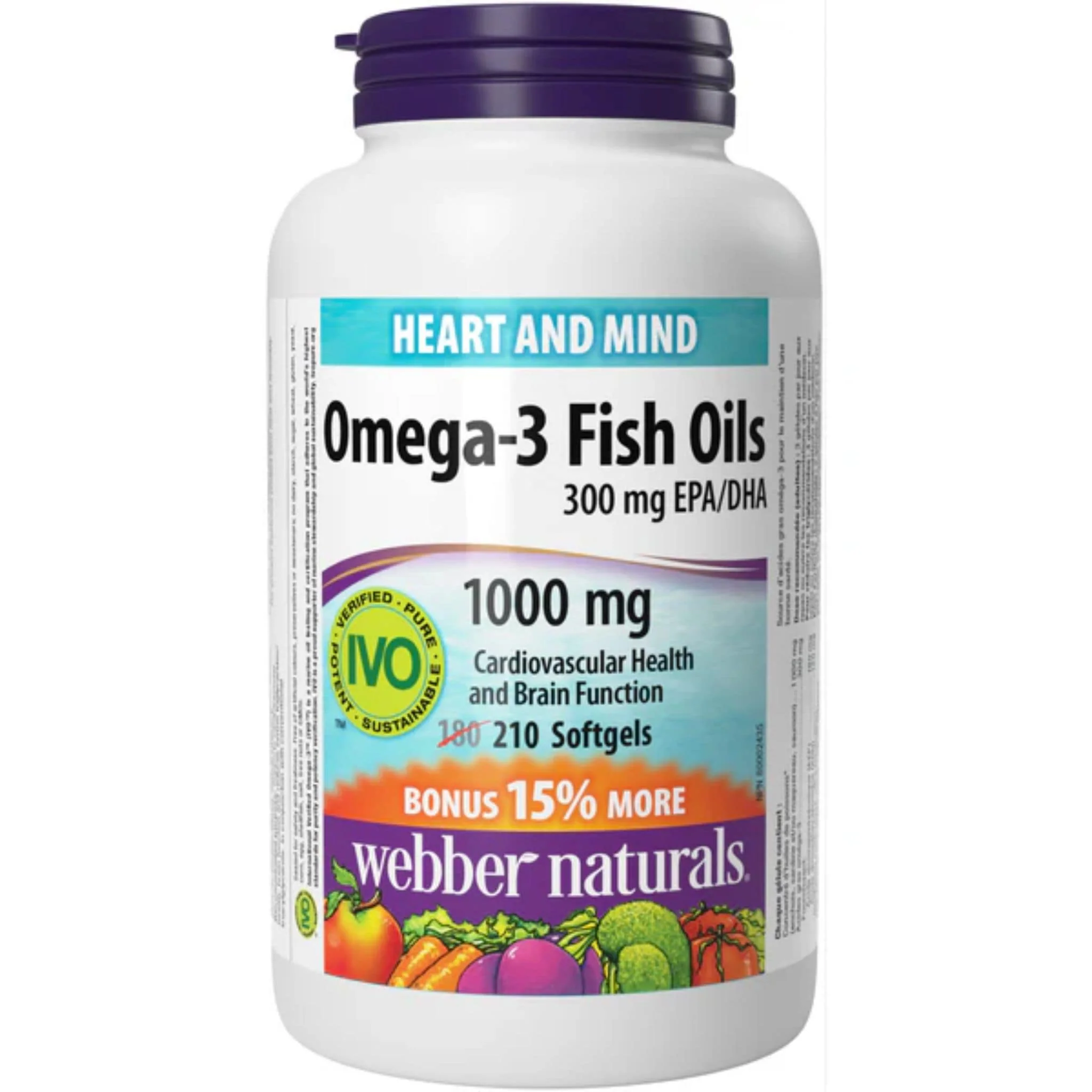 Webber Naturals Omega 3 Fish Oils, 1000mg, EPA 180mg,  DHA 120mg, BONUS 180+30 Softgels