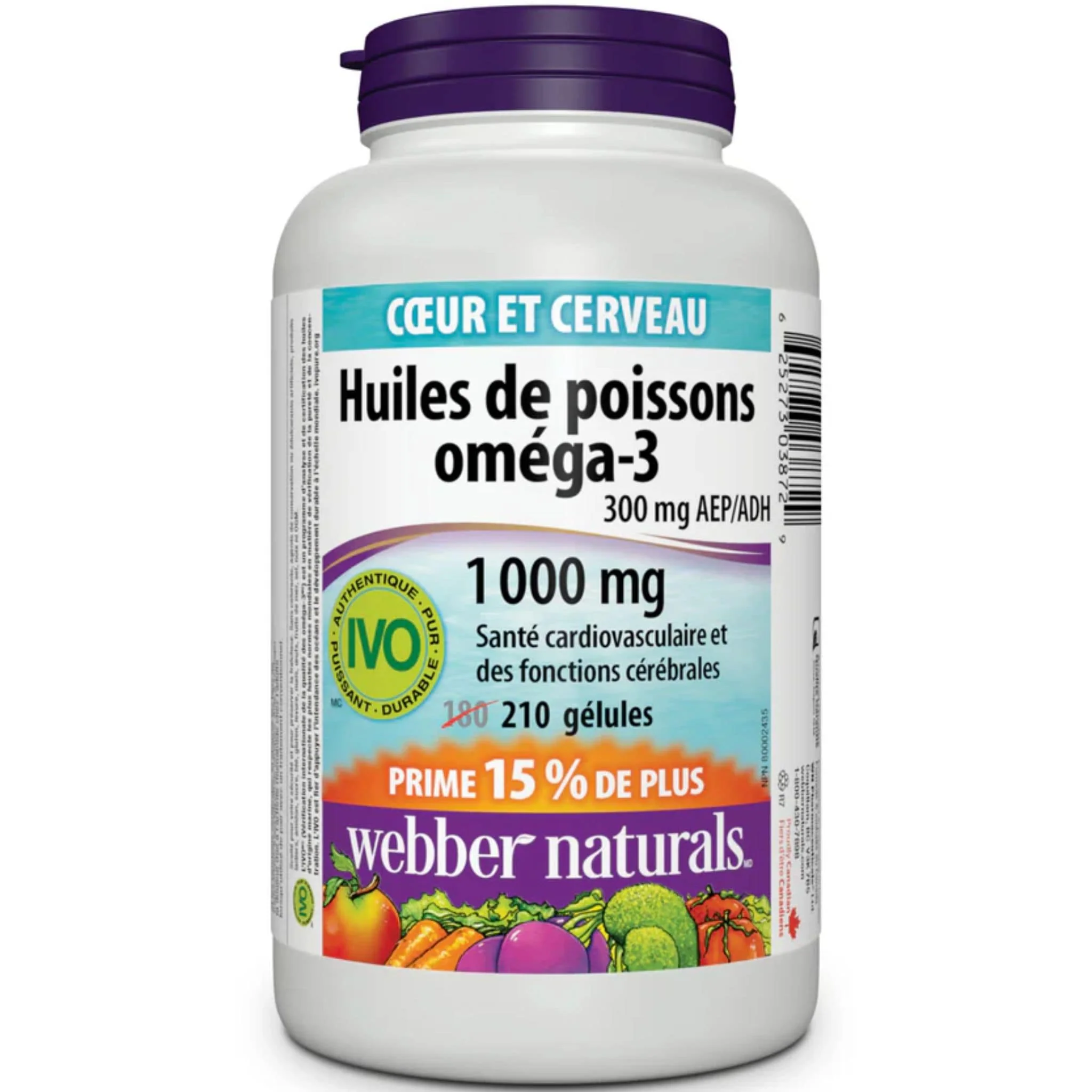 Webber Naturals Omega 3 Fish Oils, 1000mg, EPA 180mg,  DHA 120mg, BONUS 180+30 Softgels - Image 2