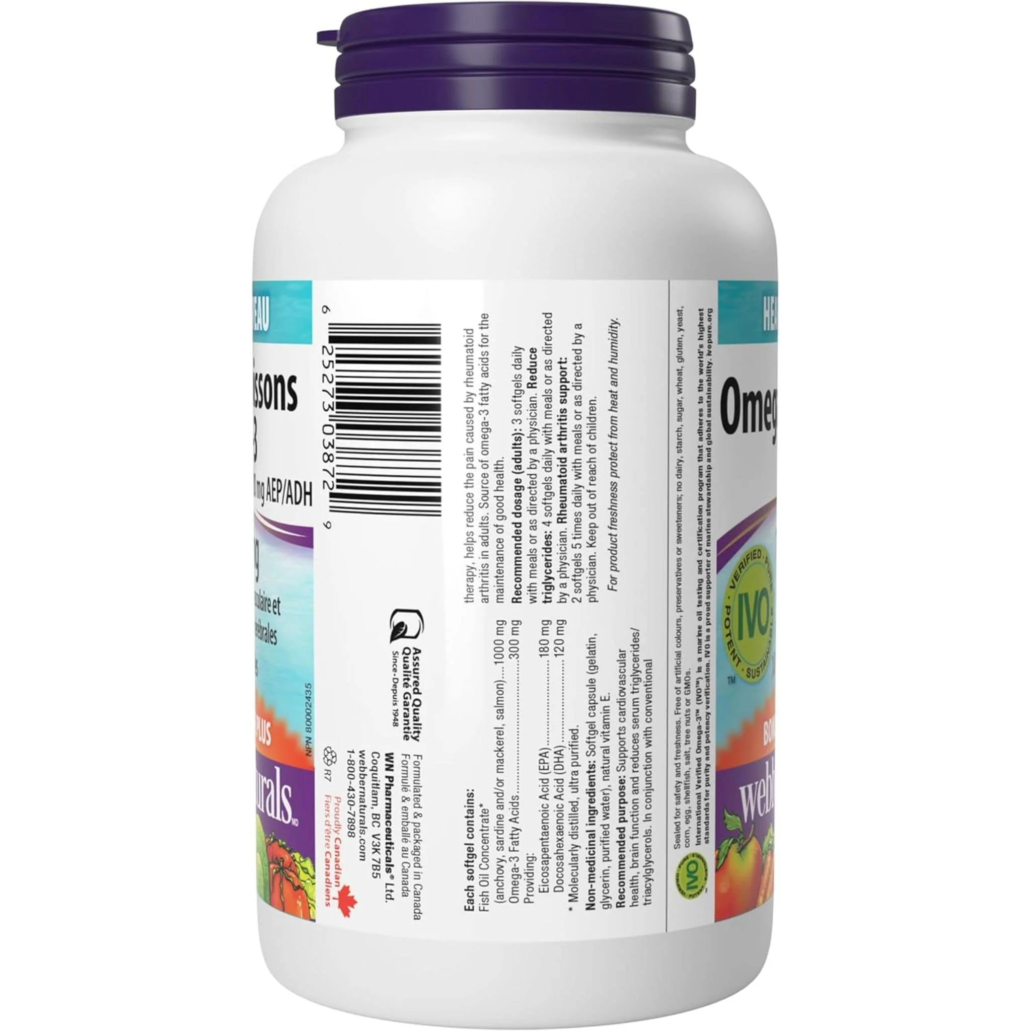 Webber Naturals Omega 3 Fish Oils, 1000mg, EPA 180mg,  DHA 120mg, BONUS 180+30 Softgels - Image 3