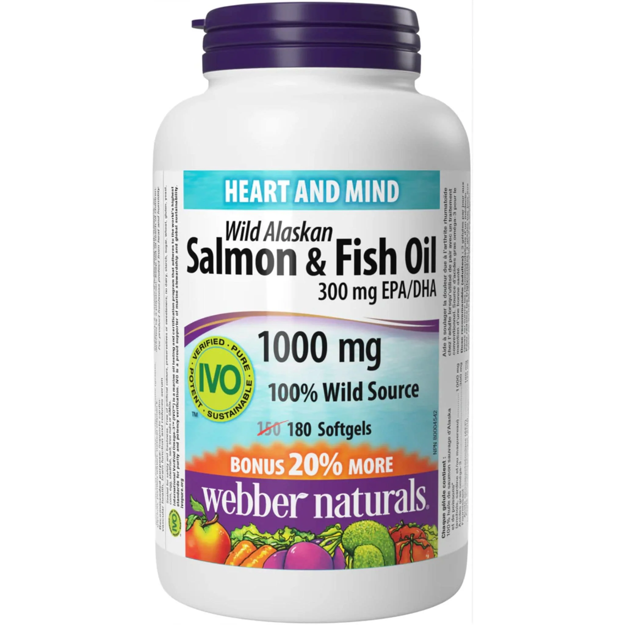 Webber Naturals Omega–3 Wild Salmon & Fish Oil, 1000mg, EPA 180mg, DHA 120mg, BONUS 20% More, 150+30 Softgels