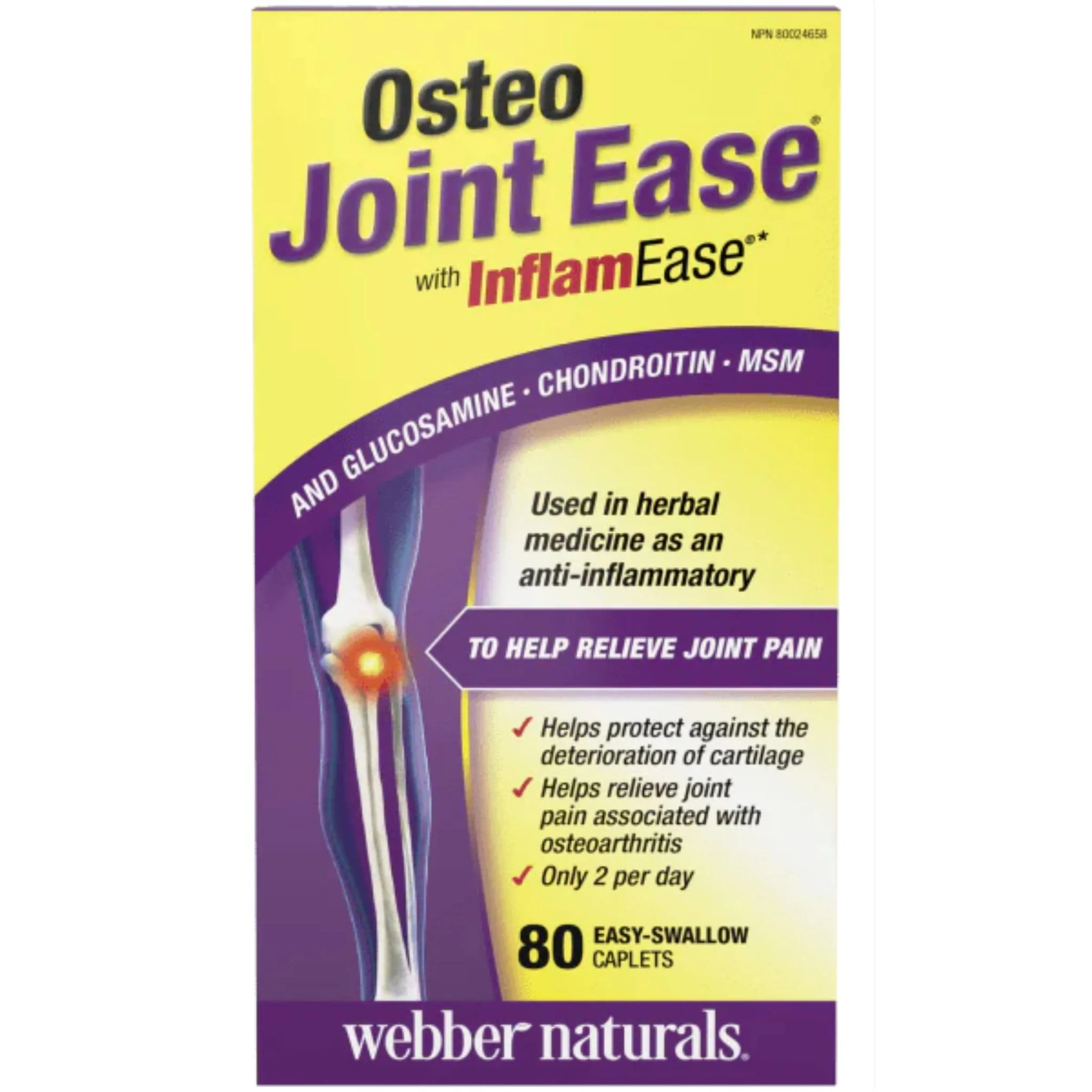 Webber Naturals Osteo Joint Ease with InflamEase and Glucosamine Chondroitin MSM, 80 Easy Swallow Caplets
