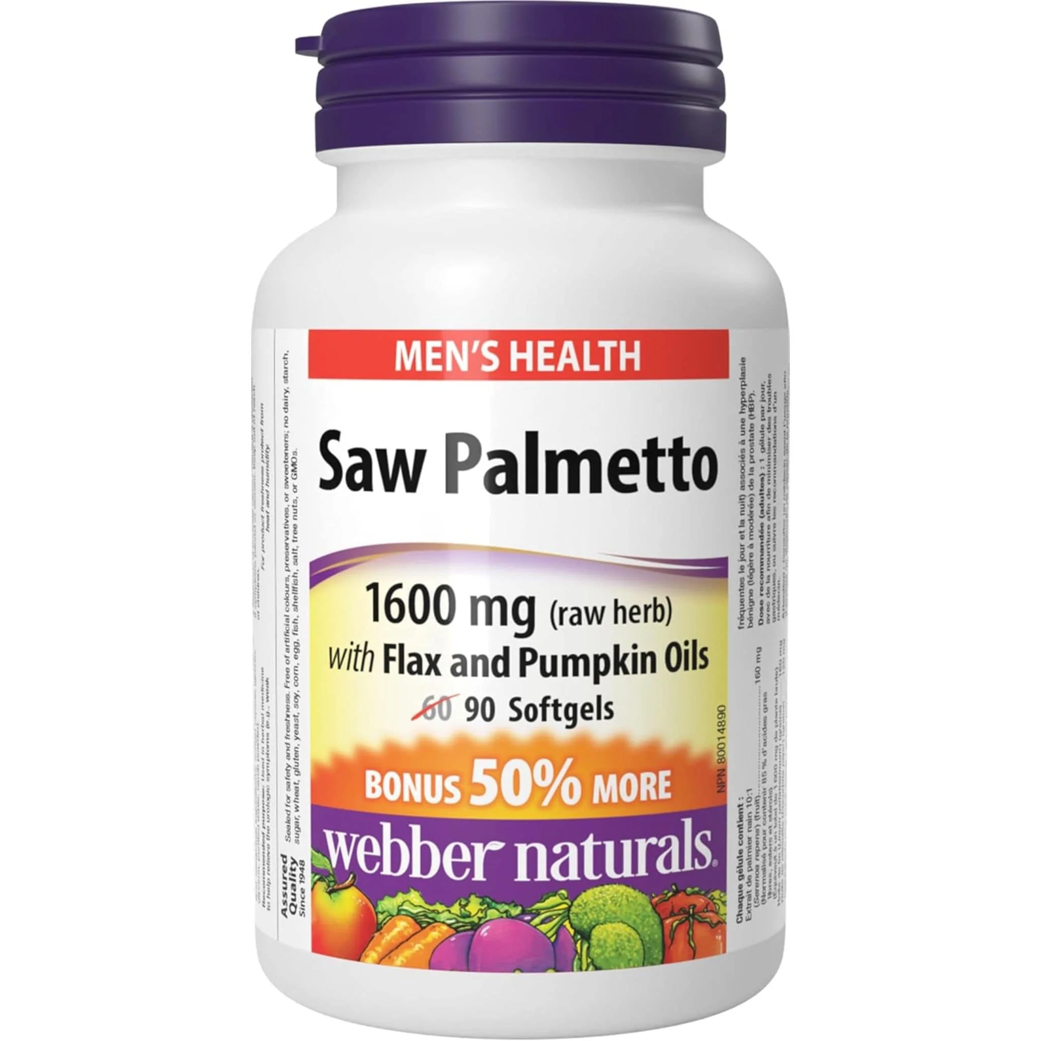 Webber Naturals Saw Palmetto 160mg, BONUS 50% More, 60+30 Softgels