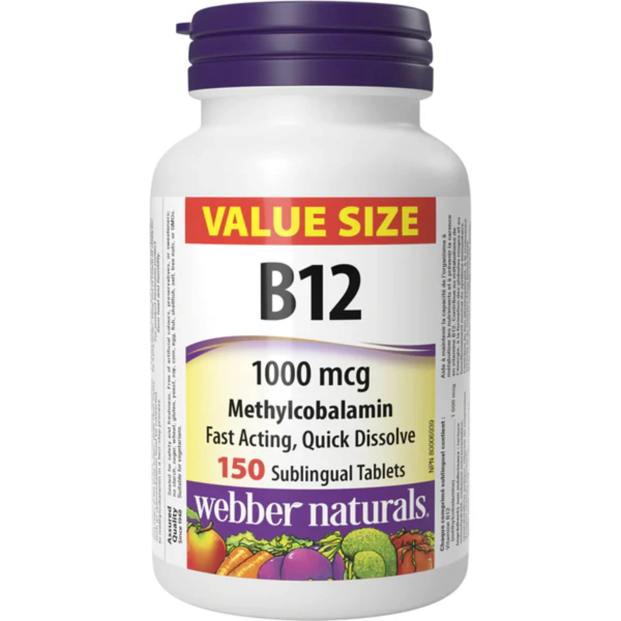 Webber Naturals Vitamin B12 Methylcobalamin 1000mcg Value Size, 80-150 Sublingual Tablets