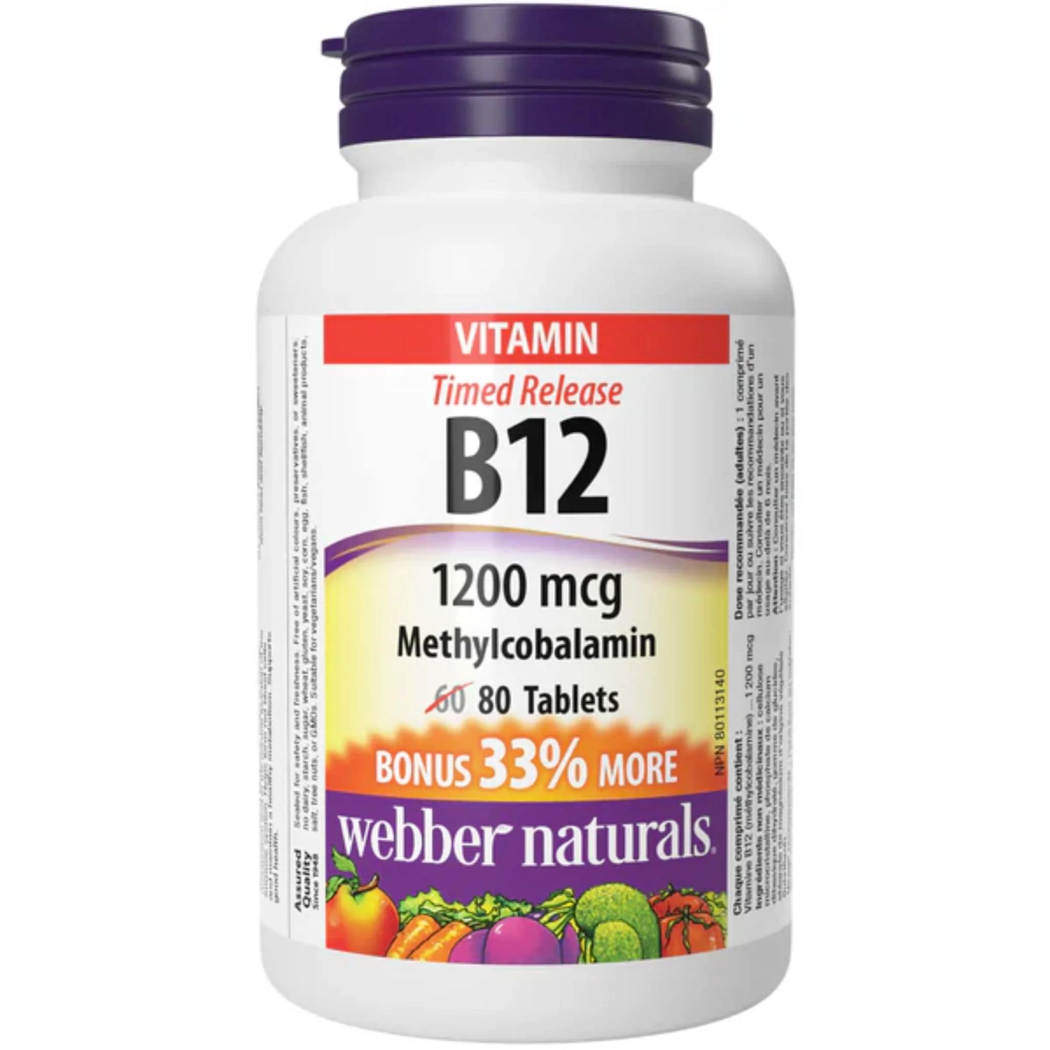 Webber Naturals Vitamin B12, Methylcobalamin 1200mcg, Timed Release Tablets